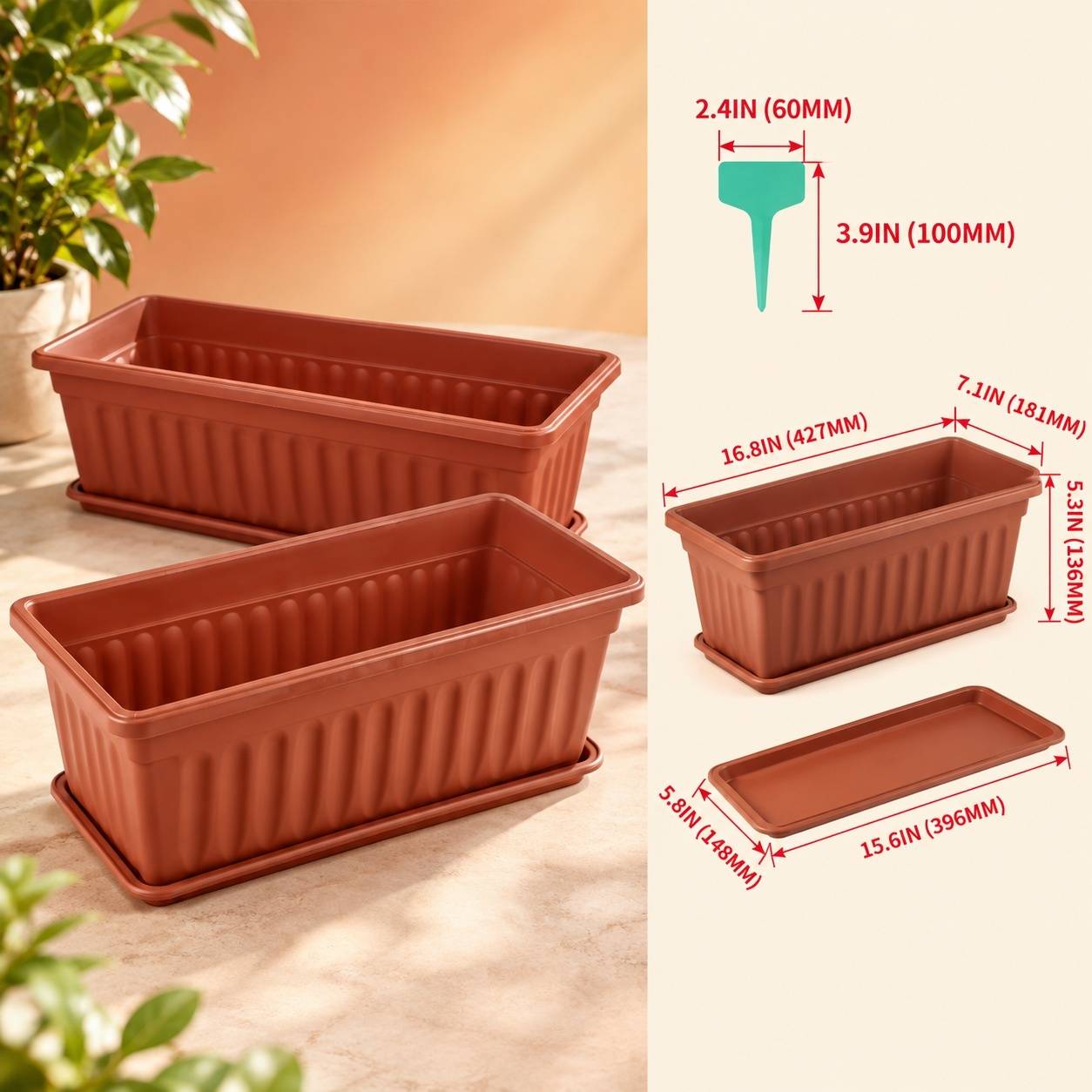 Jardinière Rectangulaire avec Bac et Étiquettes pour Plantes - Image 3