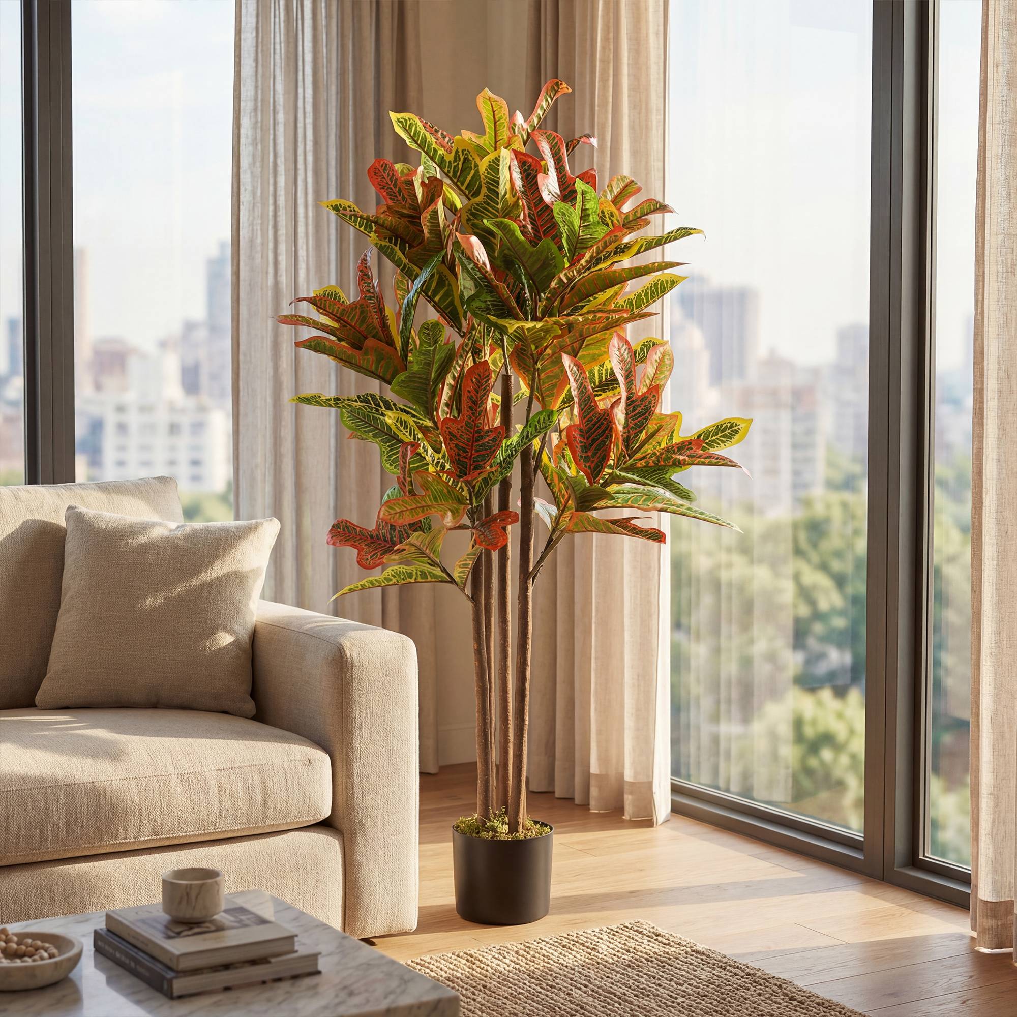 Croton artificiel 120 cm multicolore, pot + feuilles déco intérieur - Image 4