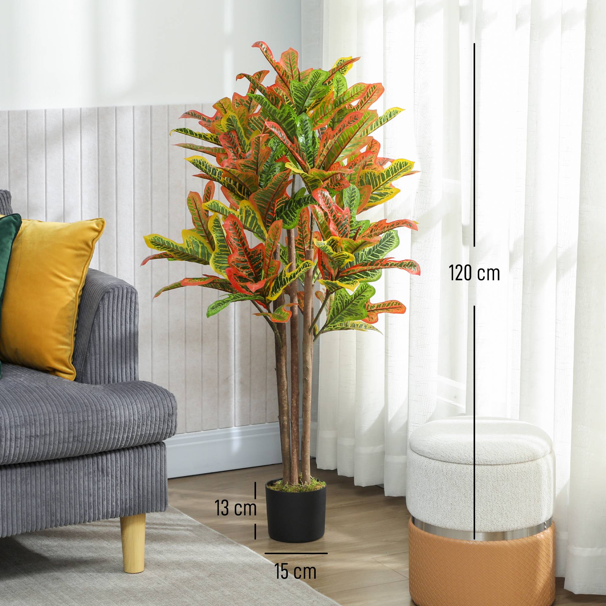 Croton artificiel 120 cm multicolore, pot + feuilles déco intérieur - Image 5