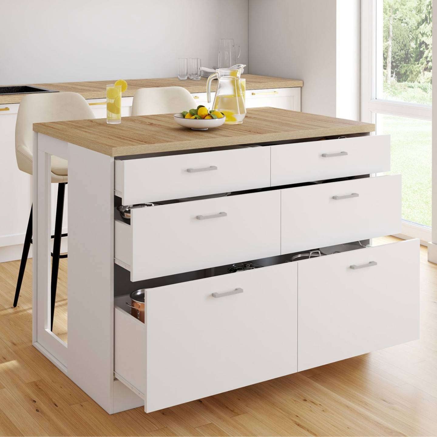 Ilot central mange-debout ORSO 120 cm casserolier 6 tiroirs blanc avec plan de travail façon hêtre - Image 1