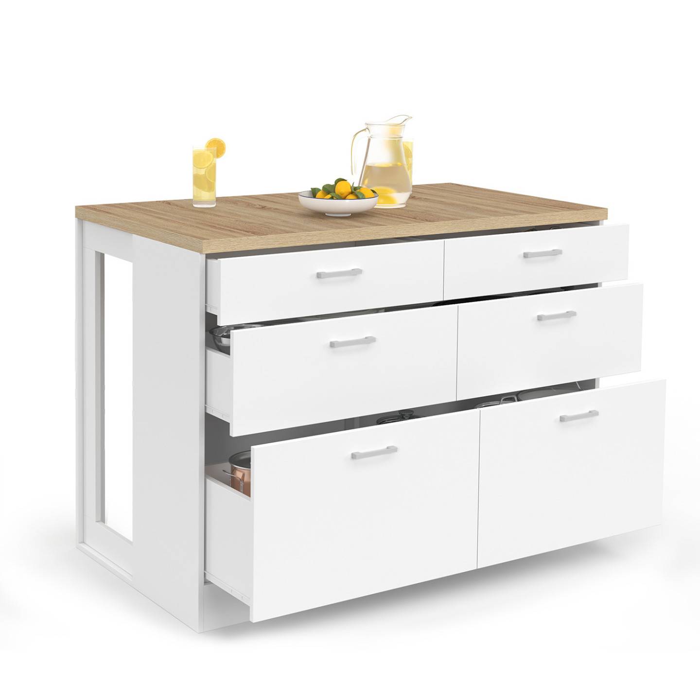 Ilot central mange-debout ORSO 120 cm casserolier 6 tiroirs blanc avec plan de travail façon hêtre - Image 2