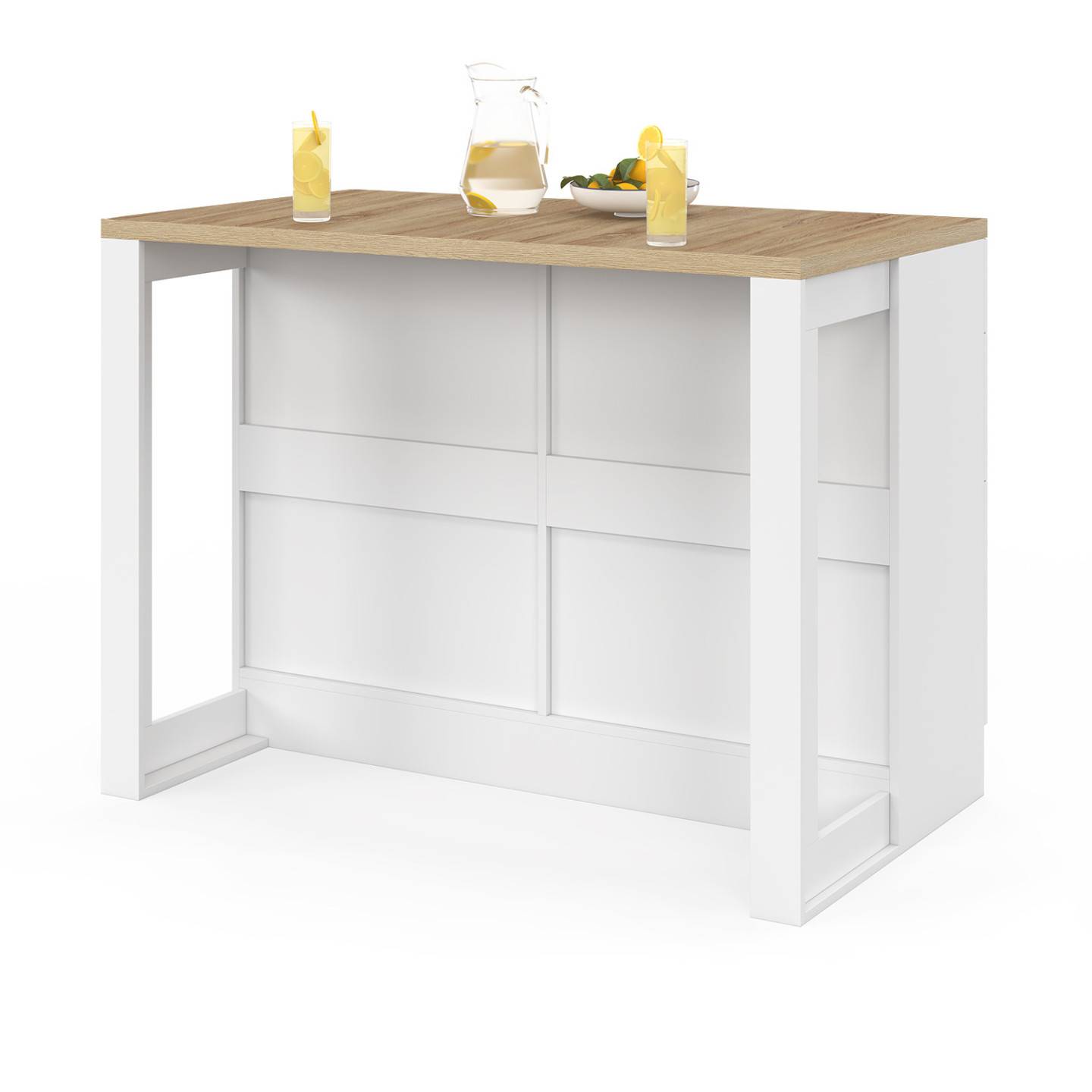 Ilot central mange-debout ORSO 120 cm casserolier 6 tiroirs blanc avec plan de travail façon hêtre - Image 4