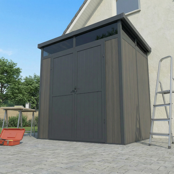 Abri de Jardin Bois Composite 4m2 Gris 237x223x227cm EVORA - Cabane a Outils - Local a Vélo - Image 2