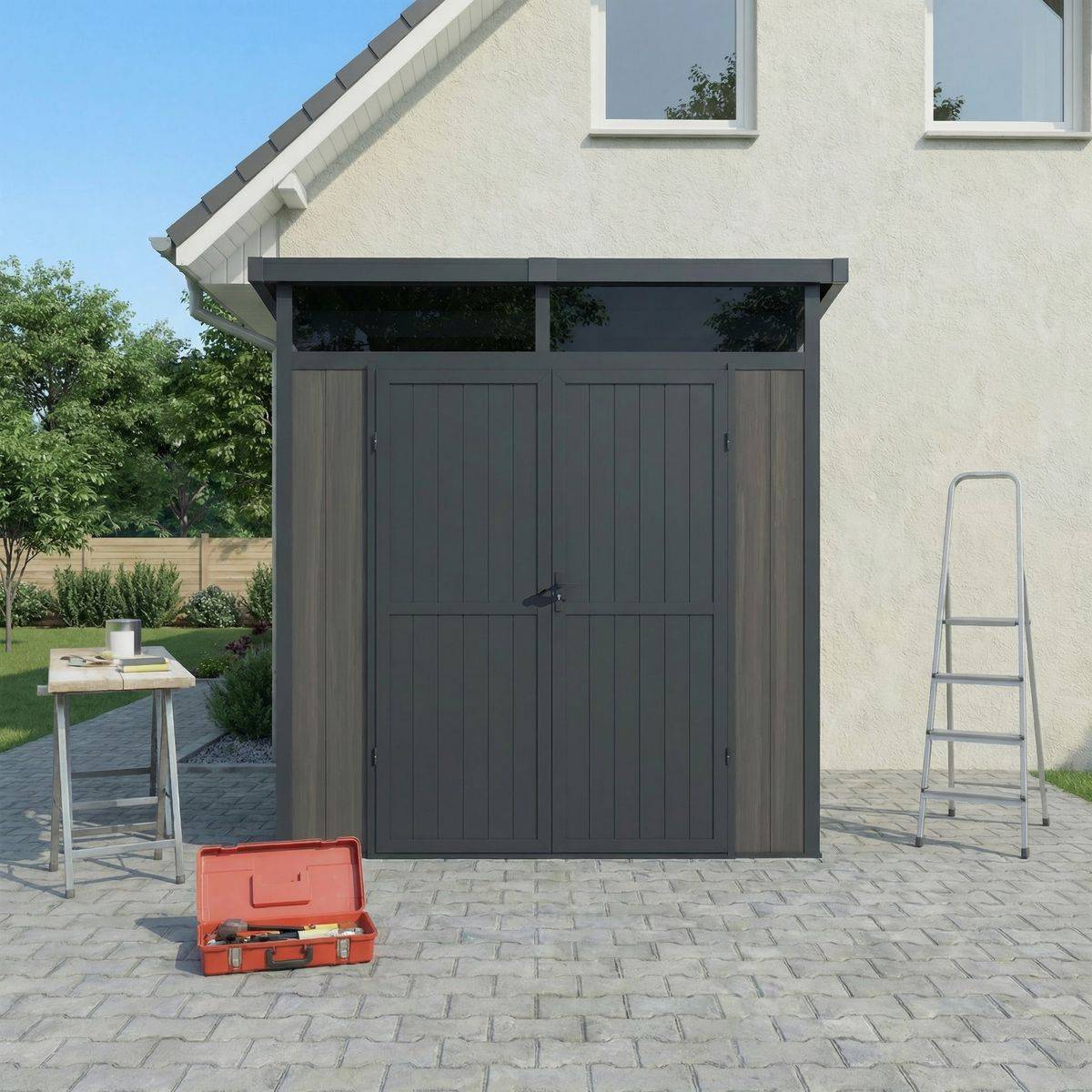 Direct Abris - Abri de Jardin Bois Composite 4m2 Gris 237x223x227cm EVORA - Cabane a Outils - Local a Vélo - Image 3