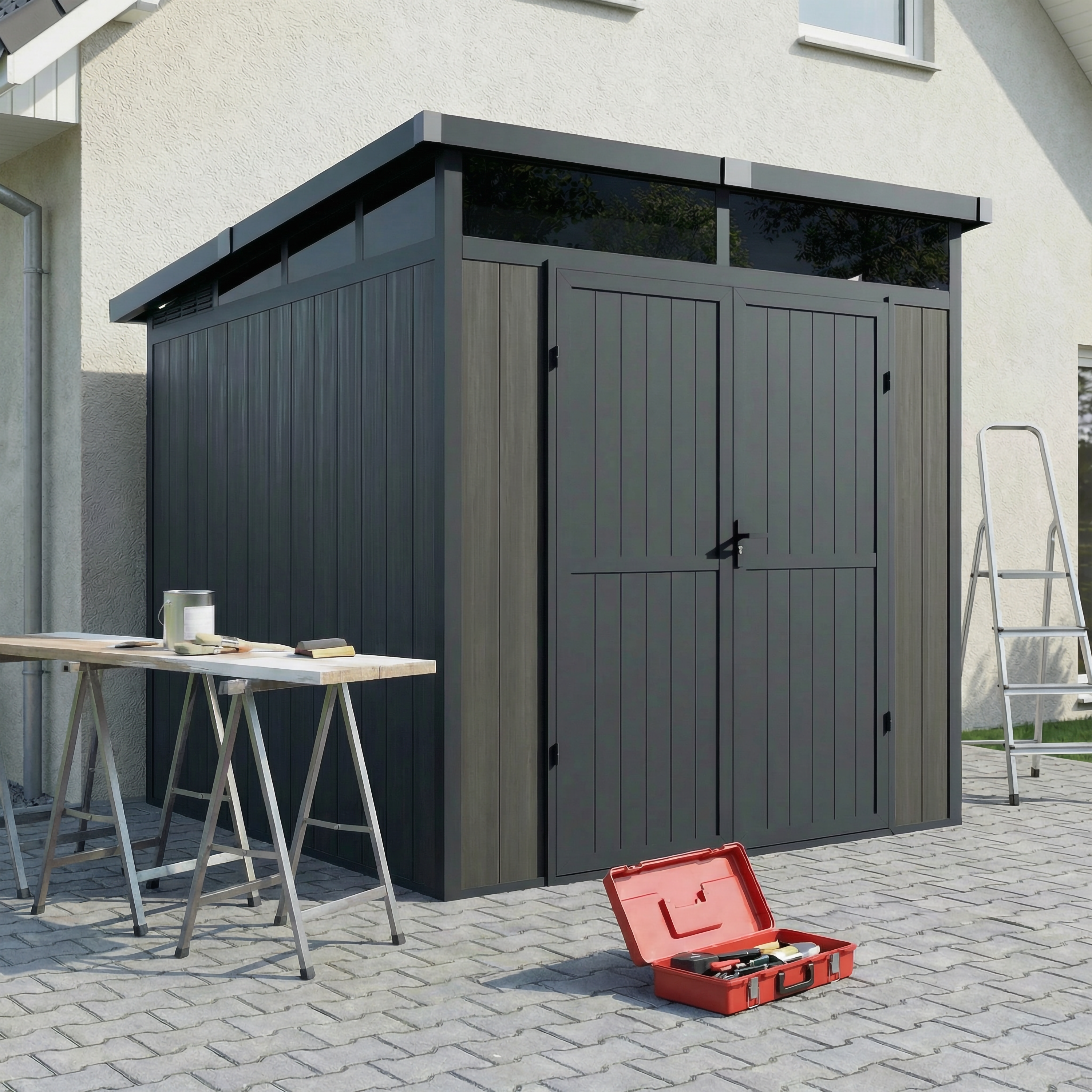 Abri de Jardin Bois Composite 4m2 Gris 237x223x227cm EVORA - Cabane a Outils - Local a Vélo - Image 1