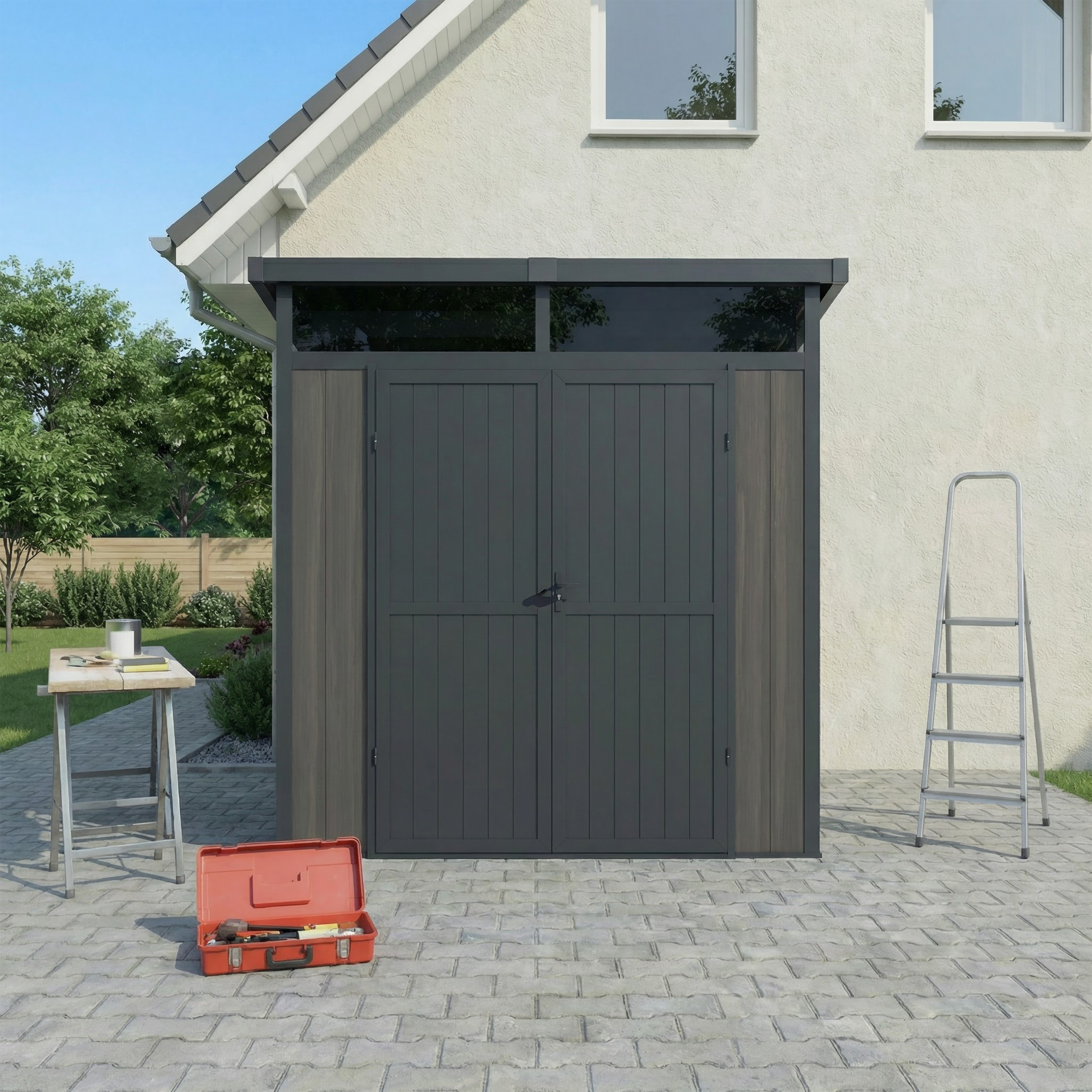 Abri de Jardin Bois Composite 4m2 Gris 237x223x227cm EVORA - Cabane a Outils - Local a Vélo - Image 3