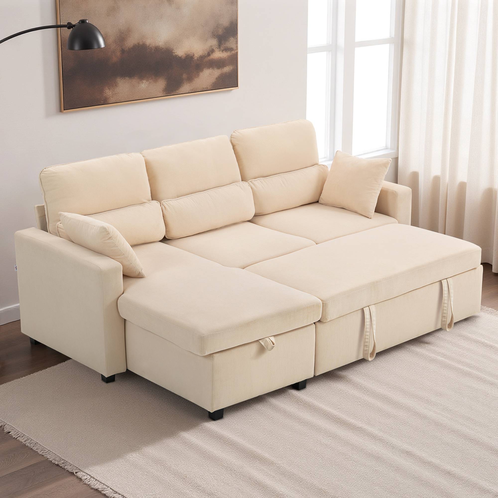 Canapé-lit convertible, canapé d'angle en L avec fonction lit, espace de rangement, coussins, pour salon ou chambre d'amis, beige - Image 4