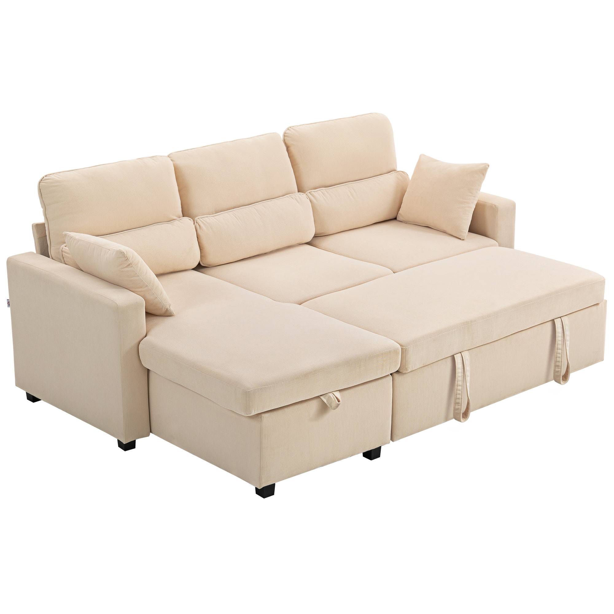 Canapé-lit convertible, canapé d'angle en L avec fonction lit, espace de rangement, coussins, pour salon ou chambre d'amis, beige - Image 2