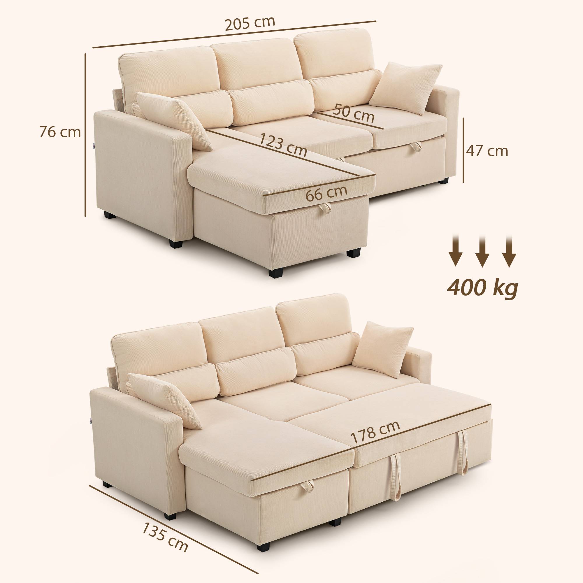 Canapé-lit convertible, canapé d'angle en L avec fonction lit, espace de rangement, coussins, pour salon ou chambre d'amis, beige - Image 5