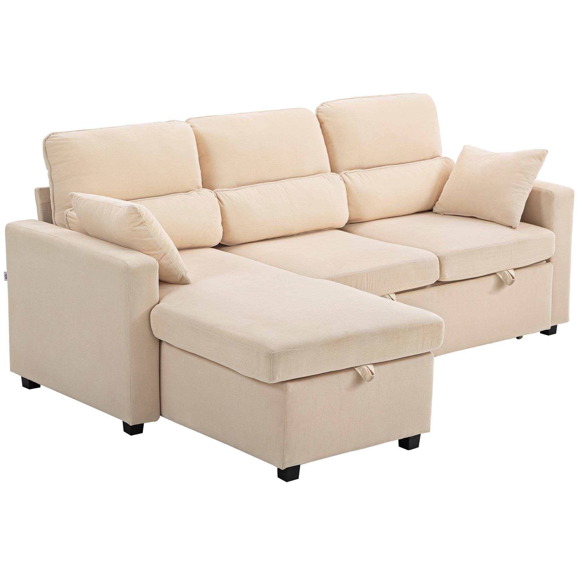 Canapé-lit convertible, canapé d'angle en L avec fonction lit, espace de rangement, coussins, pour salon ou chambre d'amis, beige - Image 1