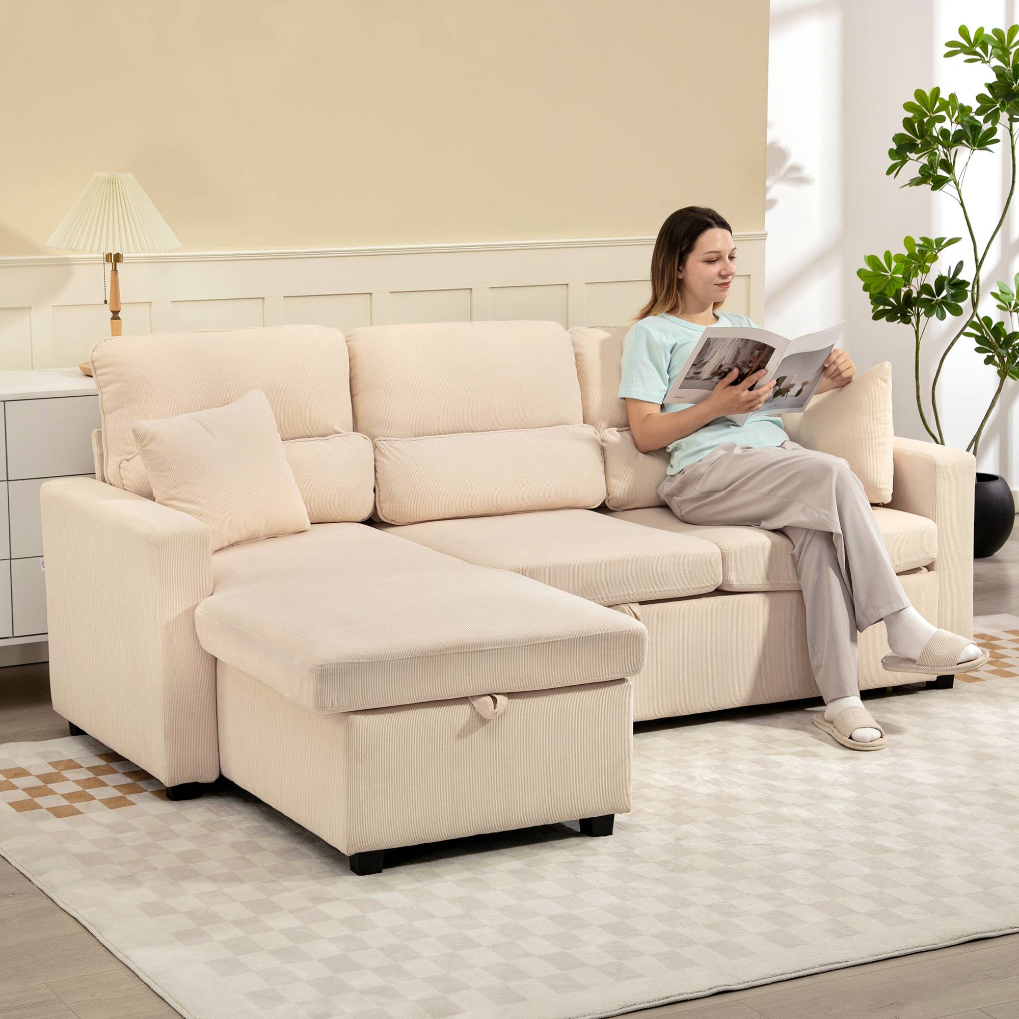 Canapé-lit convertible, canapé d'angle en L avec fonction lit, espace de rangement, coussins, pour salon ou chambre d'amis, beige - Image 3