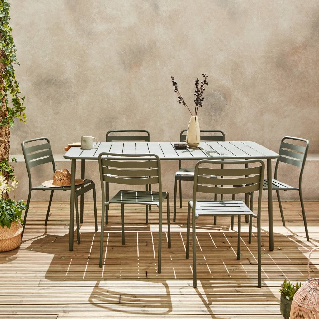 sweeek - Table de jardin métal + 6 assises kaki Amélia traitement antirouille. lattes et bords arrondis  | sweeek - Image 1