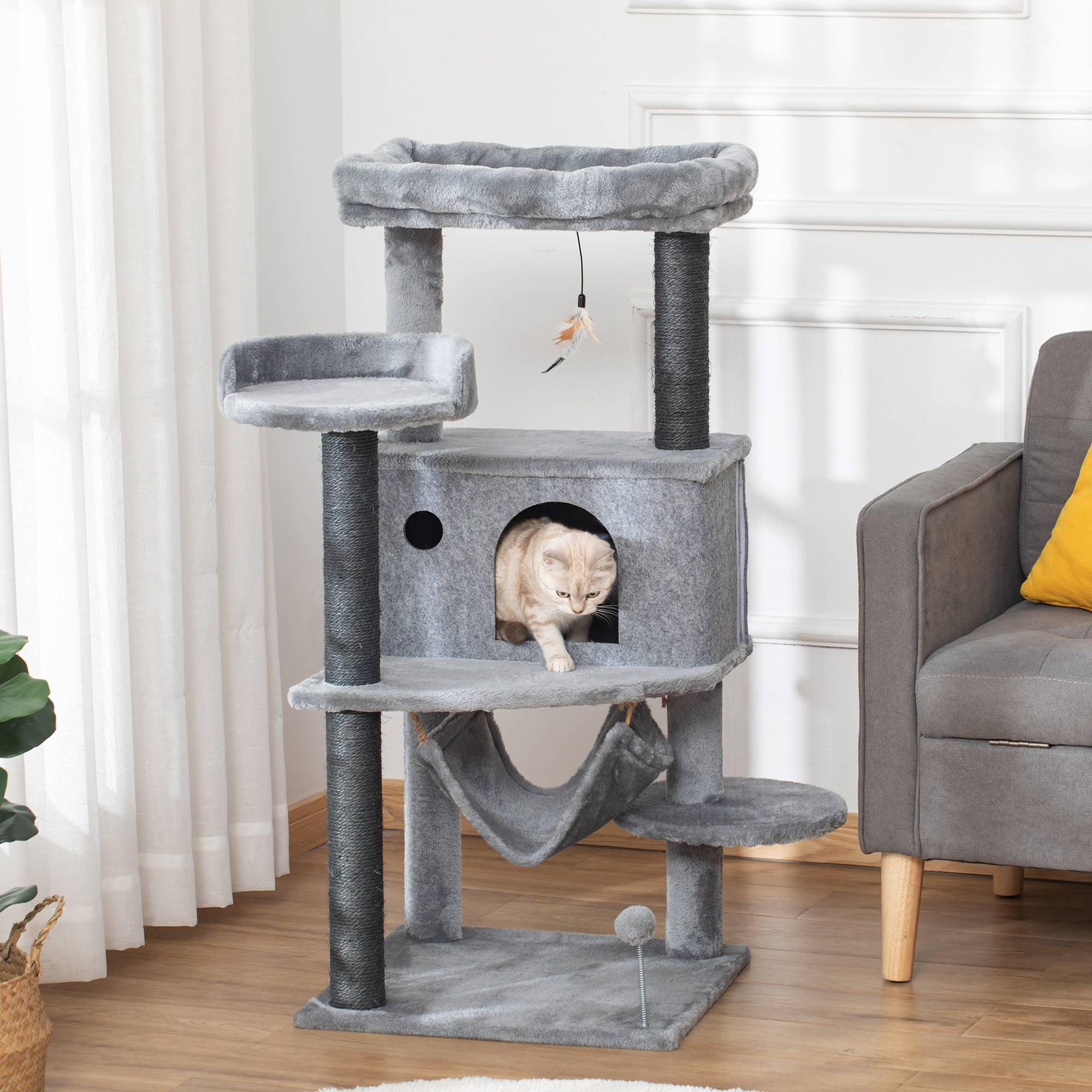 arbre à chat niche couchage hamac jouets bois peluche chat intérieur 48x48x107 cm gris griffoir compact stable - Image 3