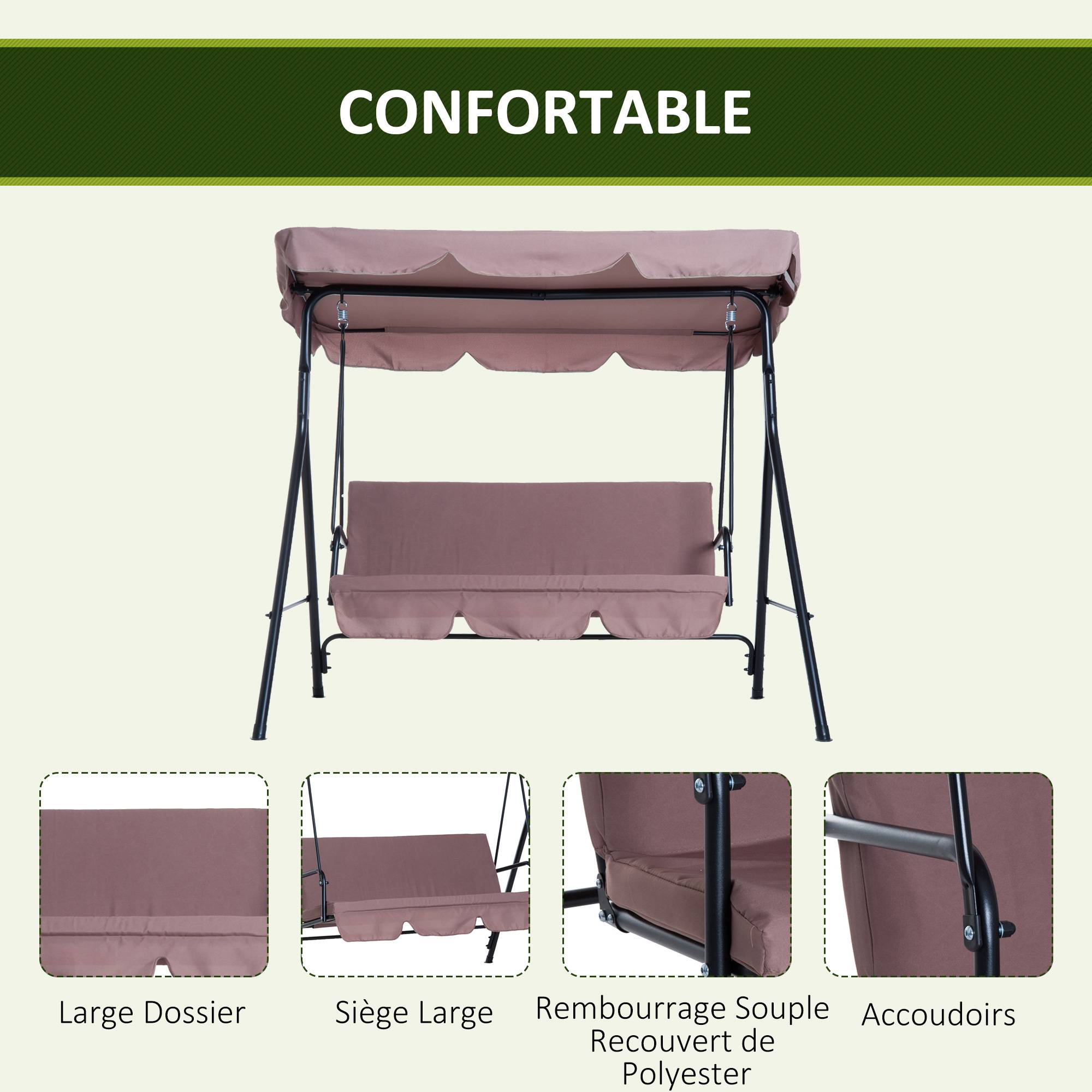 Outsunny - Balancelle de jardin 3 places toit inclinaison réglable coussins assise et dossier 1,72L x 1,1l x 1,52H m acier noir polyester marron clair - Outsunny - Image 6