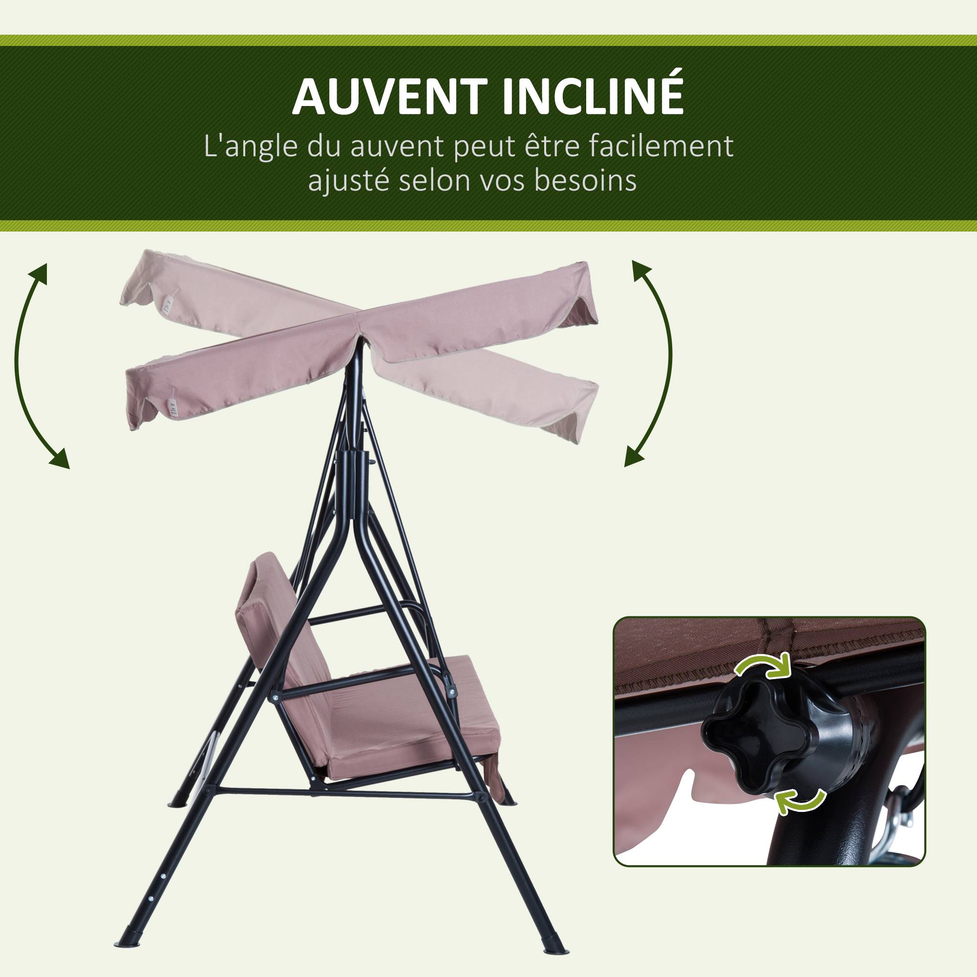 Outsunny - Balancelle de jardin 3 places toit inclinaison réglable coussins assise et dossier 1,72L x 1,1l x 1,52H m acier noir polyester marron clair - Outsunny - Image 4