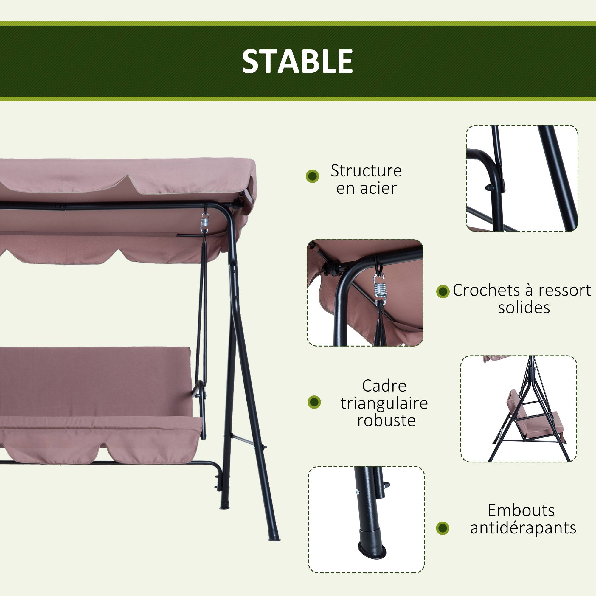 Outsunny - Balancelle de jardin 3 places toit inclinaison réglable coussins assise et dossier 1,72L x 1,1l x 1,52H m acier noir polyester marron clair - Outsunny - Image 7