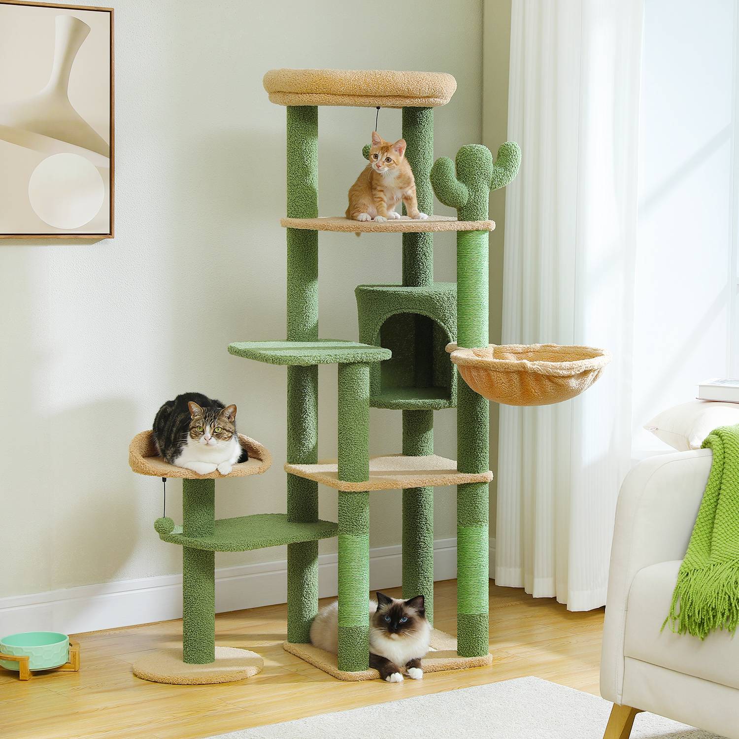 Arbre à Chat Géant 150 cm avec Hamac et Perchoirs Vert PAWZ Road - Image 3