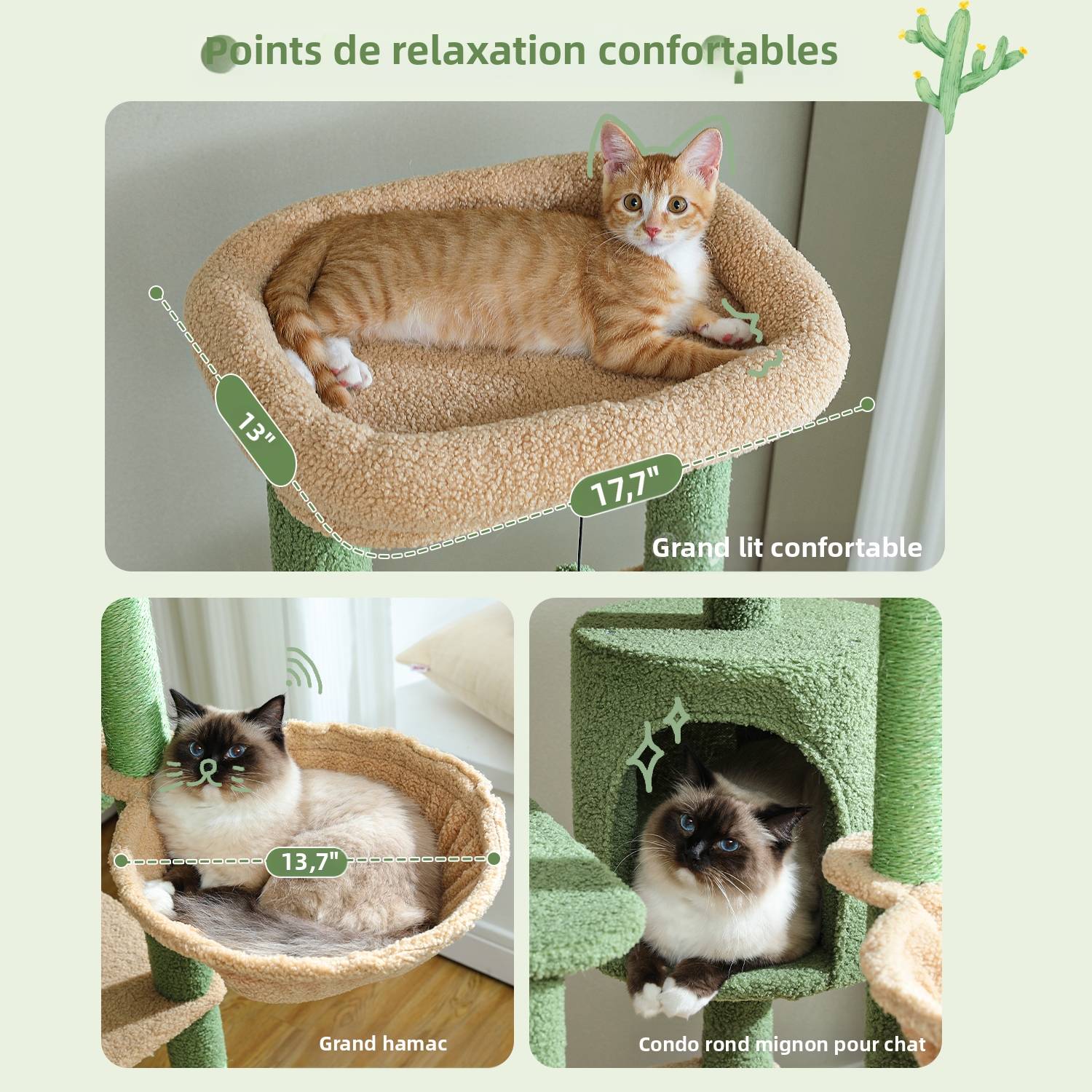 Arbre à Chat Géant 150 cm avec Hamac et Perchoirs Vert PAWZ Road - Image 4