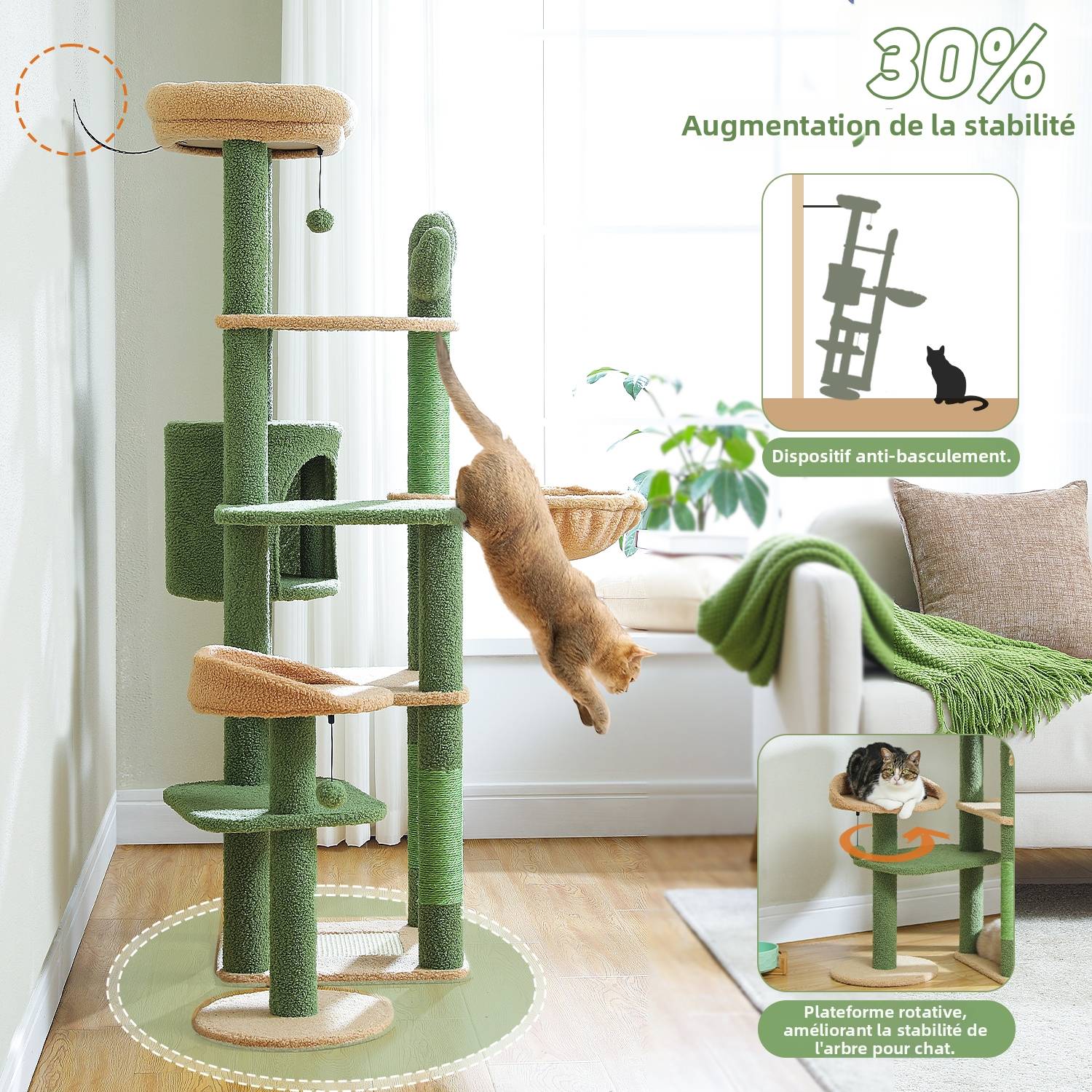 Arbre à Chat Géant 150 cm avec Hamac et Perchoirs Vert PAWZ Road - Image 5