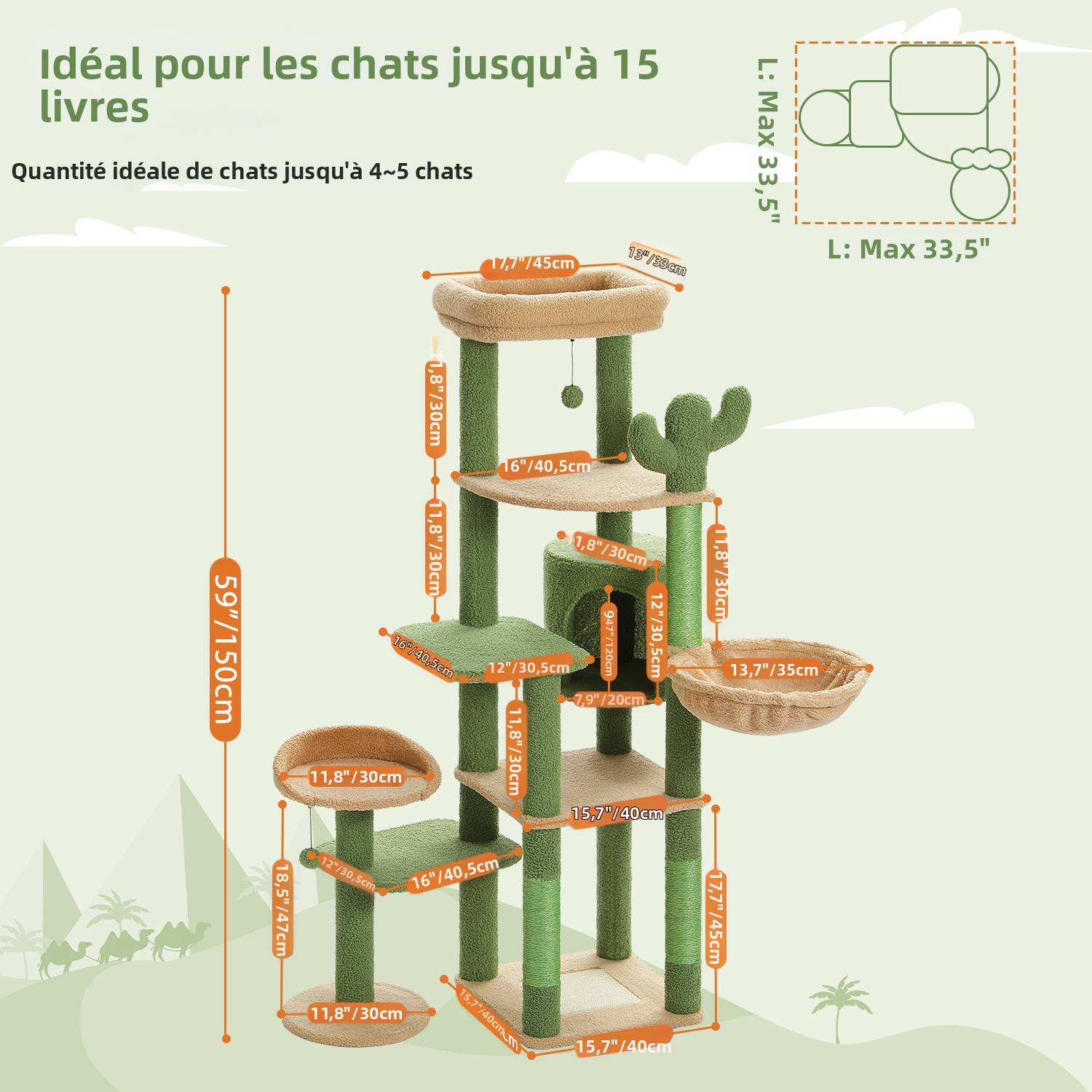 Arbre à Chat Géant 150 cm avec Hamac et Perchoirs Vert PAWZ Road - Image 2