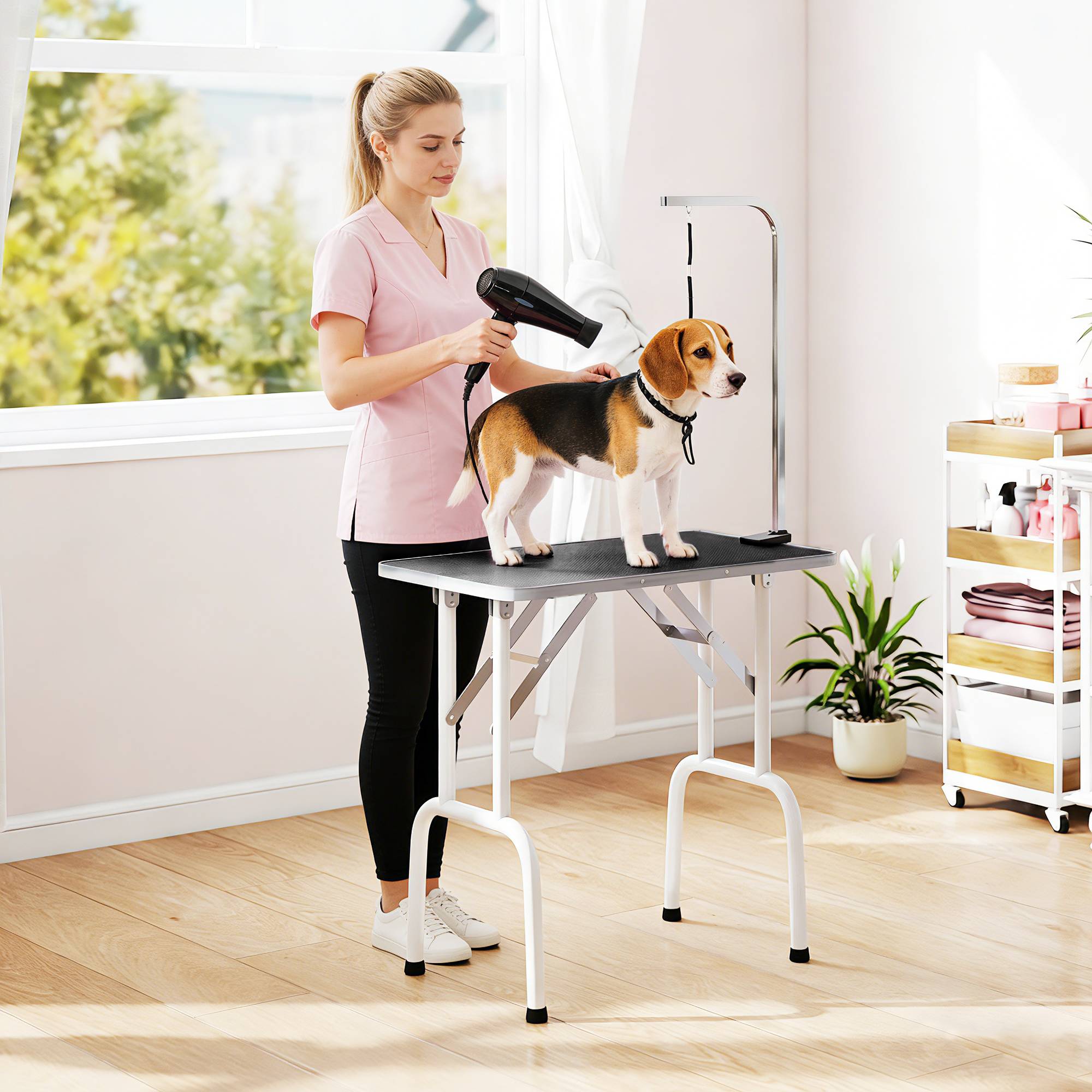 Sans Marque - Table de toilettage pour chien avec sangle, pliable, pieds en acier, plateau antidérapant, 81 x 48,5 x 80 cm, noire - Image 4
