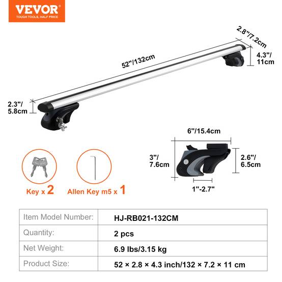 Vevor - VEVOR Barres transversales toit universelles 132 cm, aluminium, rails latéraux surélevés, verrous. - Image 7