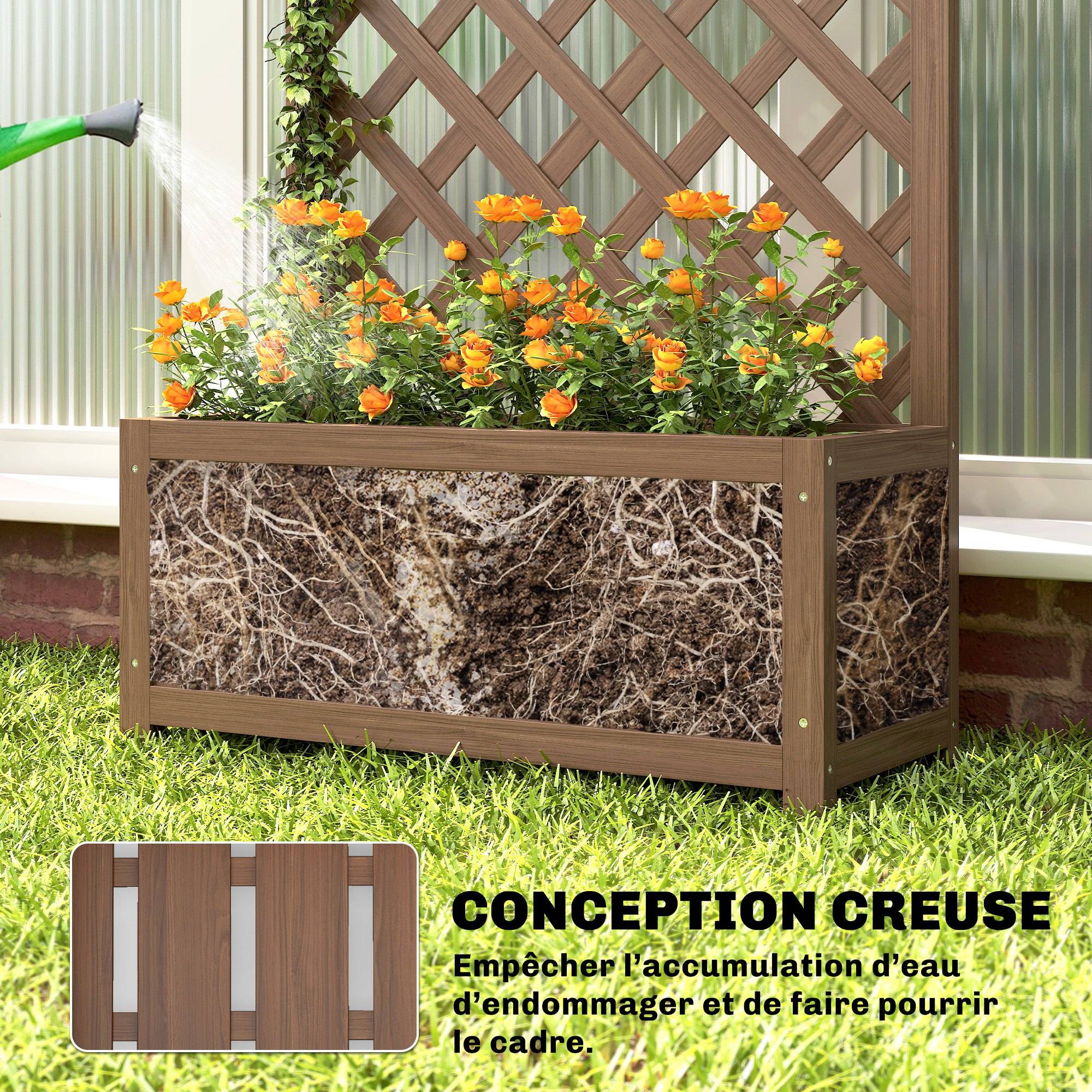 Jardinière Treillis Bois Massif Jardin Balcon Support Grimpantes 70x28x117cm Café - ComfortXL Outdoor Living - Image 8