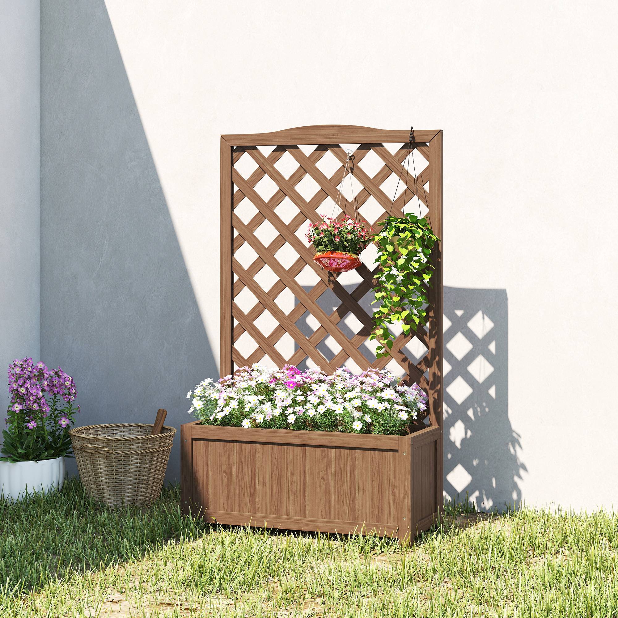Jardinière Treillis Bois Massif Jardin Balcon Support Grimpantes 70x28x117cm Café - ComfortXL Outdoor Living - Image 4