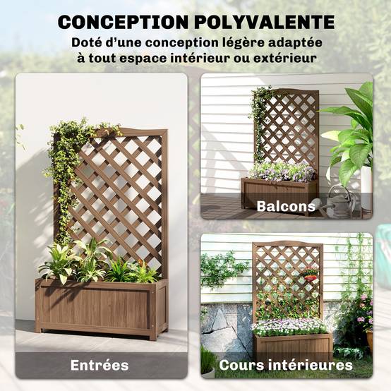 Jardinière Treillis Bois Massif Jardin Balcon Support Grimpantes 70x28x117cm Café - ComfortXL Outdoor Living - Image 6