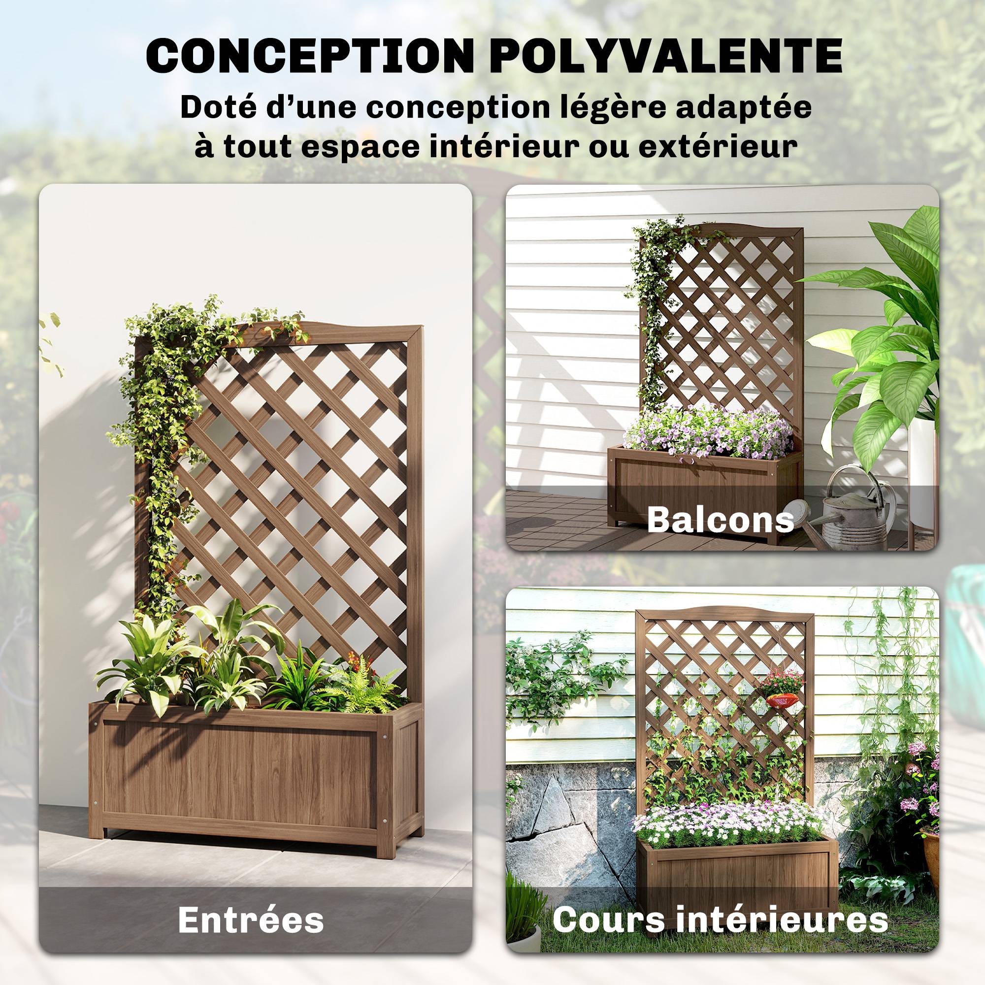 Jardinière Treillis Bois Massif Jardin Balcon Support Grimpantes 70x28x117cm Café - ComfortXL Outdoor Living - Image 6