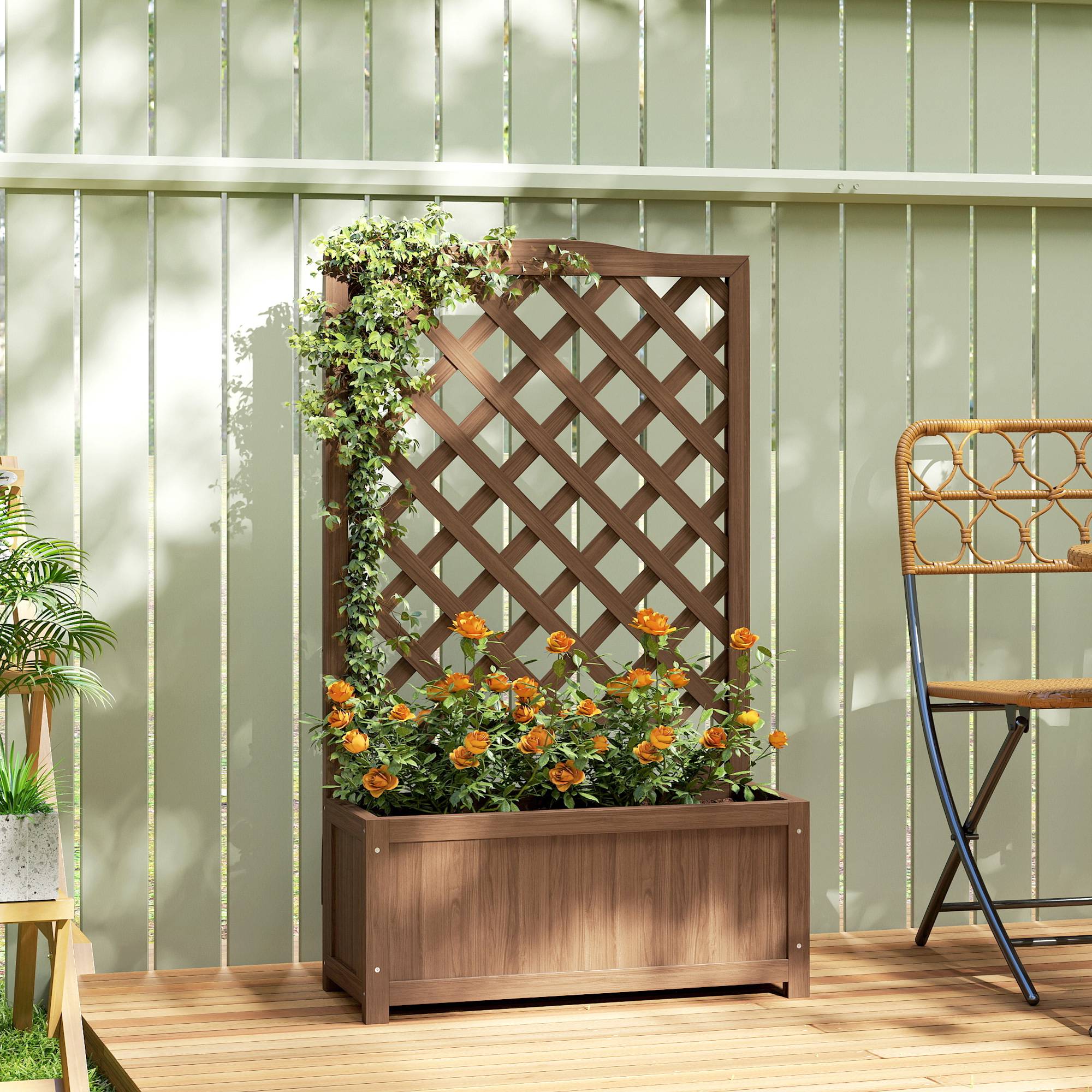 Jardinière Treillis Bois Massif Jardin Balcon Support Grimpantes 70x28x117cm Café - ComfortXL Outdoor Living - Image 3