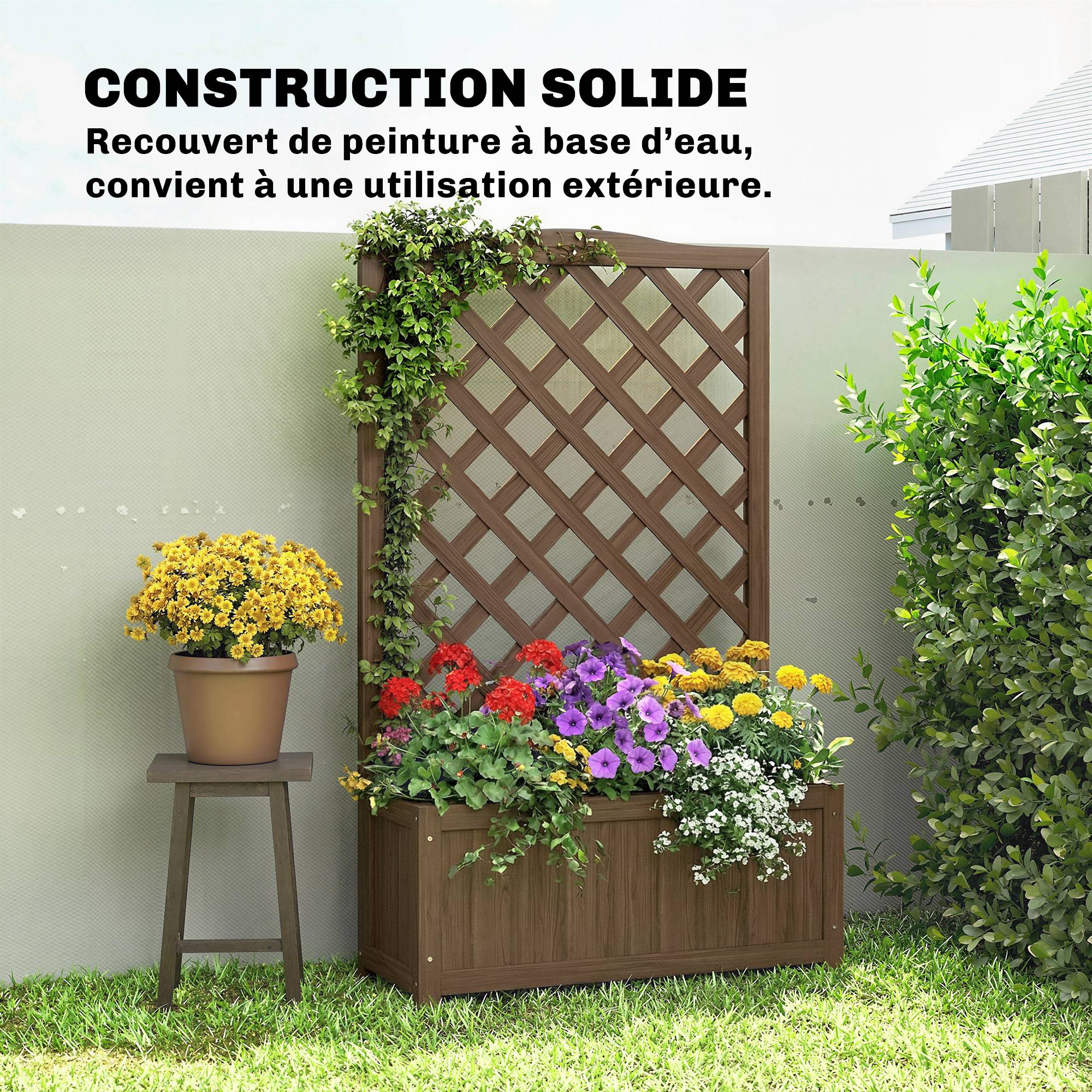 Jardinière Treillis Bois Massif Jardin Balcon Support Grimpantes 70x28x117cm Café - ComfortXL Outdoor Living - Image 9