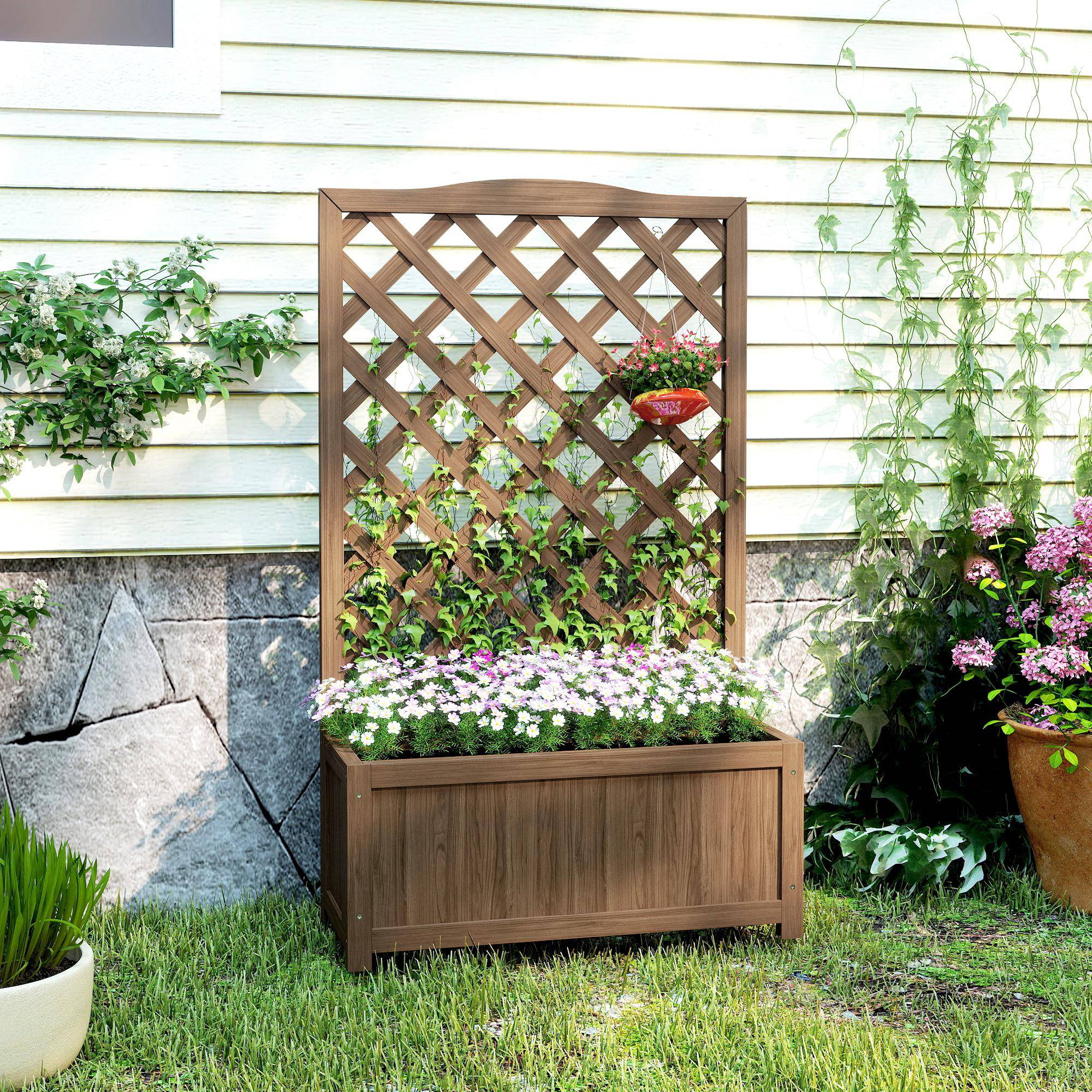 Jardinière Treillis Bois Massif Jardin Balcon Support Grimpantes 70x28x117cm Café - ComfortXL Outdoor Living - Image 10