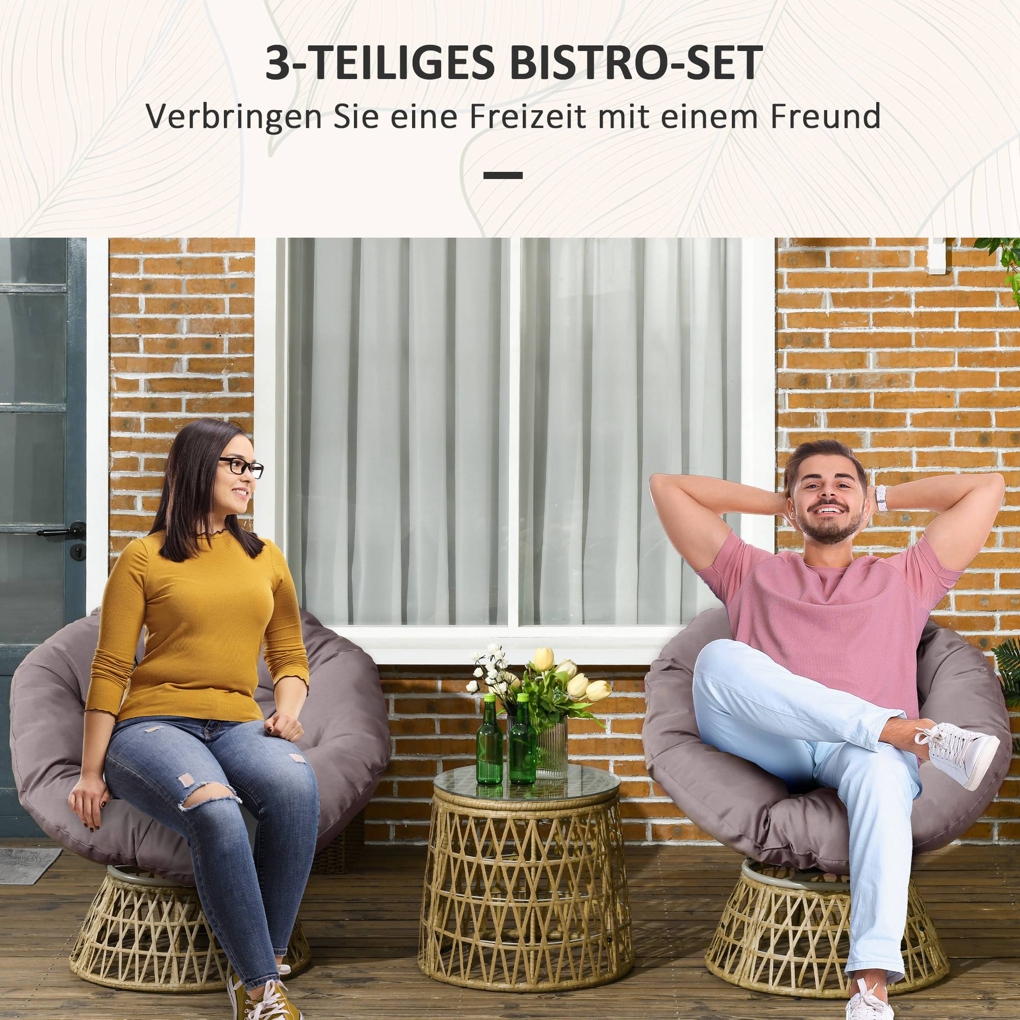 Ensemble jardin 3 pièces style bistro, table basse + 2 chaises, coussins inclus, mobilier balcon, jaune - Image 4