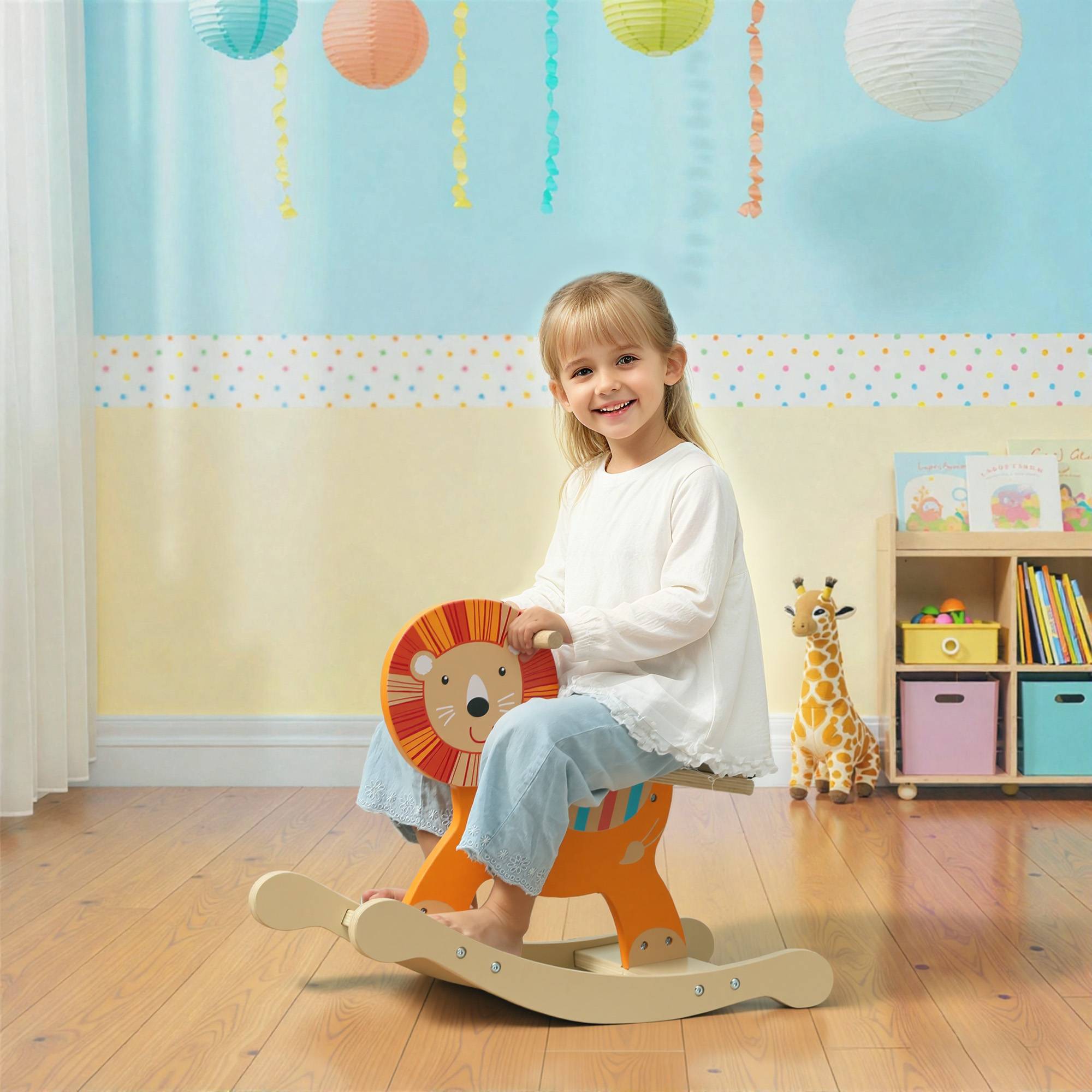 Cheval à bascule pour enfants, lion jouet à bascule bébé en bois avec guidon et base stable, 59 x 27 x 43 cm, orange - Image 4