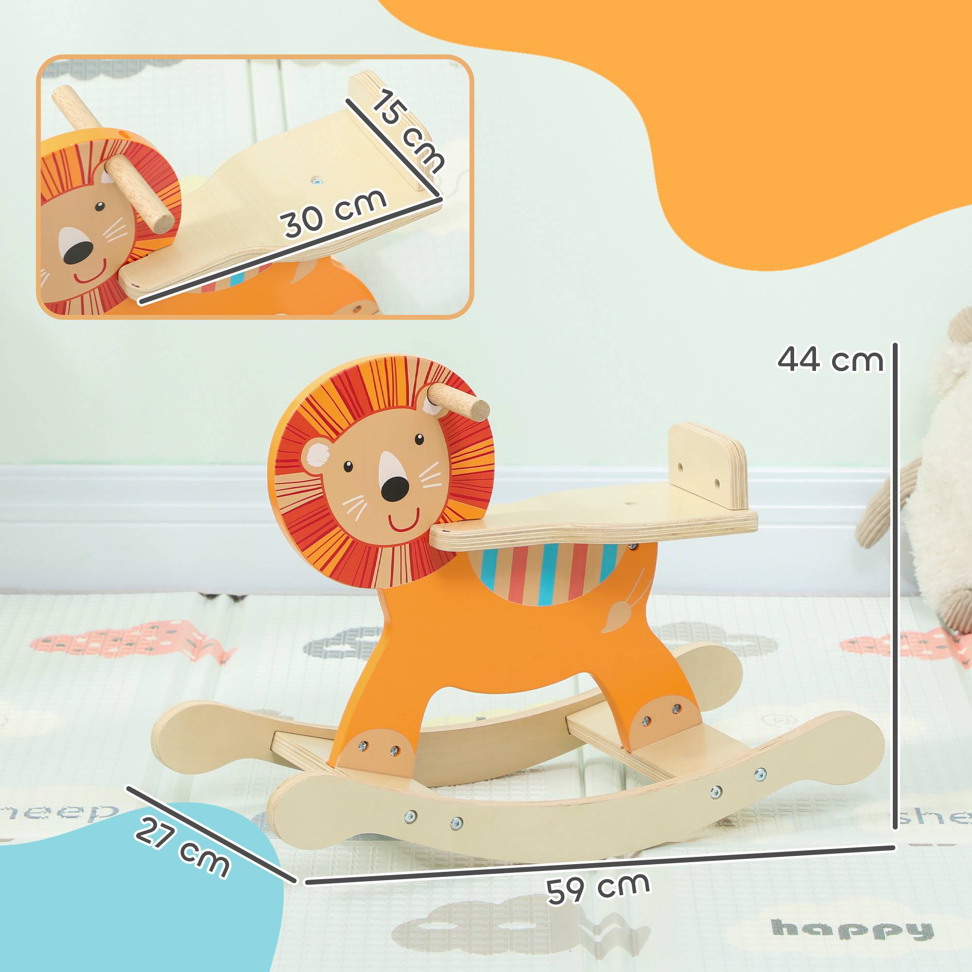 Cheval à bascule pour enfants, lion jouet à bascule bébé en bois avec guidon et base stable, 59 x 27 x 43 cm, orange - Image 5