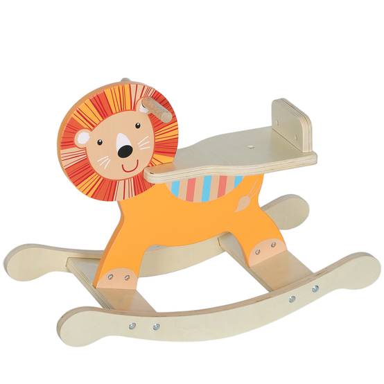 Cheval à bascule pour enfants, lion jouet à bascule bébé en bois avec guidon et base stable, 59 x 27 x 43 cm, orange - Image 1