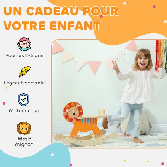 Cheval à bascule pour enfants, lion jouet à bascule bébé en bois avec guidon et base stable, 59 x 27 x 43 cm, orange - Image 8