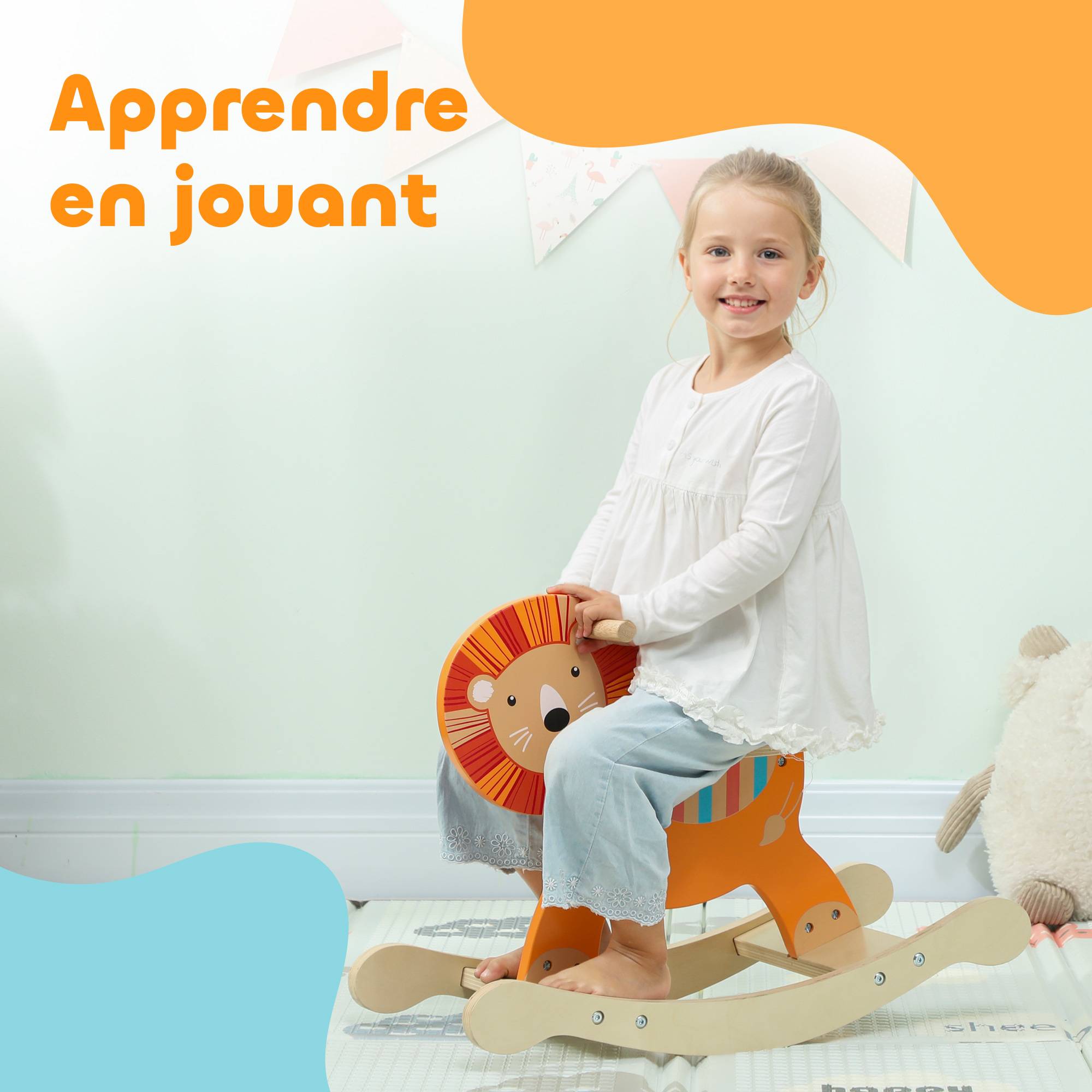 Cheval à bascule pour enfants, lion jouet à bascule bébé en bois avec guidon et base stable, 59 x 27 x 43 cm, orange - Image 9