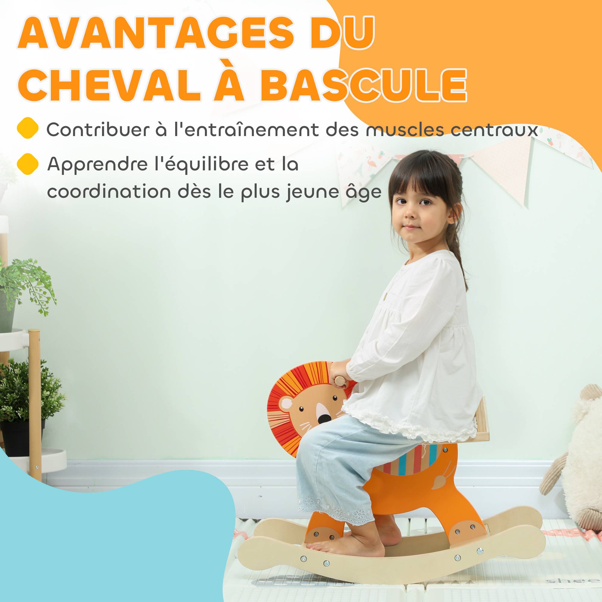 Cheval à bascule pour enfants, lion jouet à bascule bébé en bois avec guidon et base stable, 59 x 27 x 43 cm, orange - Image 6