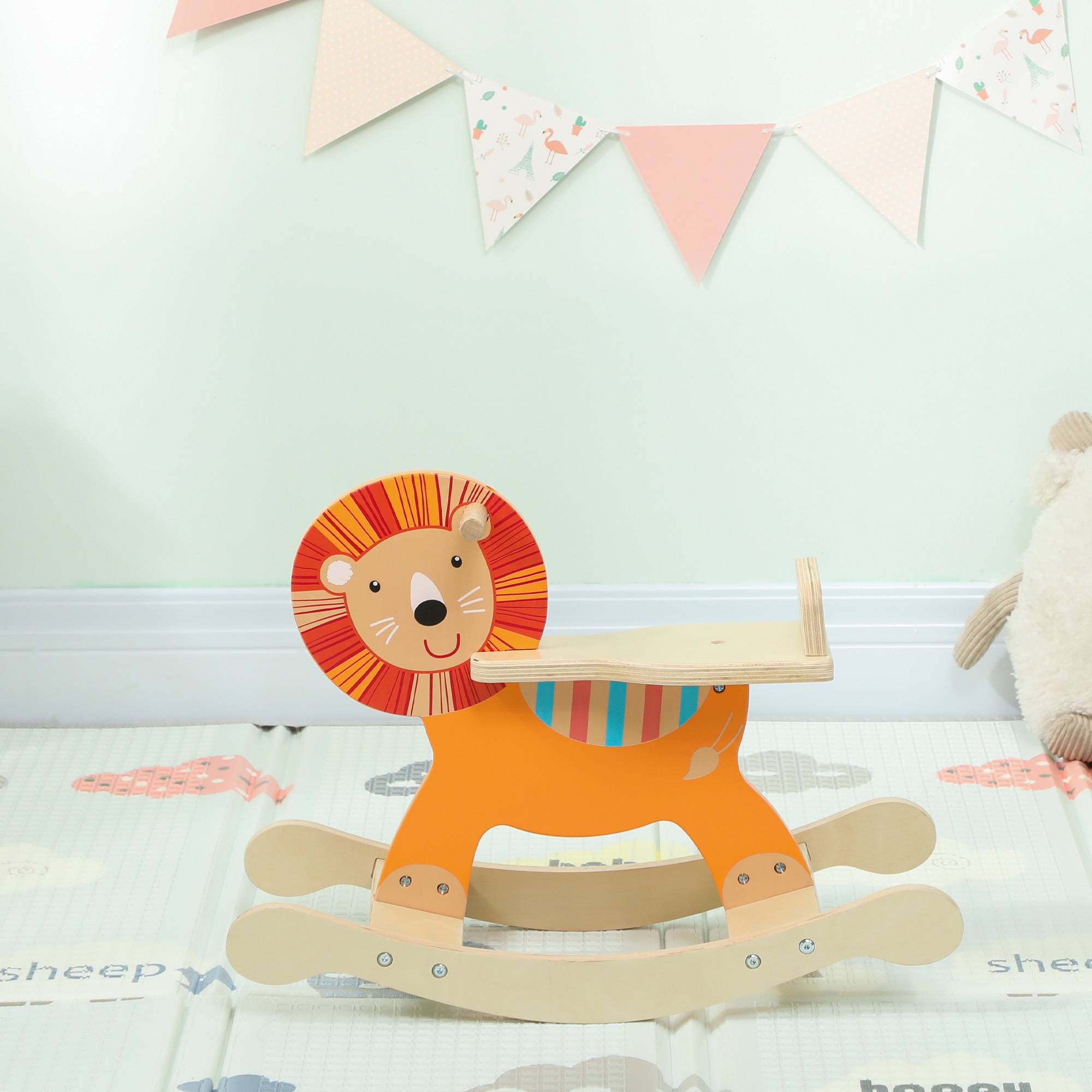 Cheval à bascule pour enfants, lion jouet à bascule bébé en bois avec guidon et base stable, 59 x 27 x 43 cm, orange - Image 10