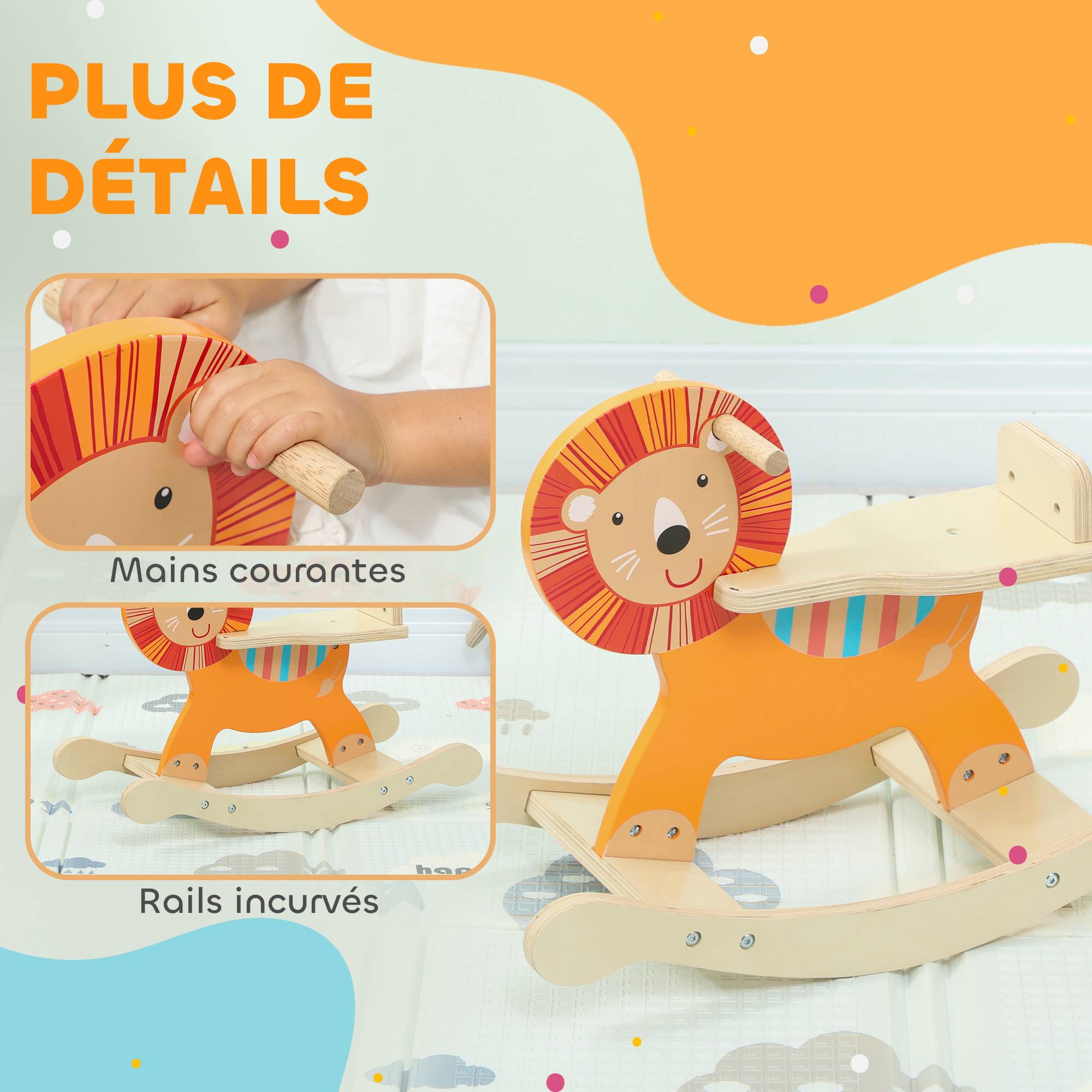 Cheval à bascule pour enfants, lion jouet à bascule bébé en bois avec guidon et base stable, 59 x 27 x 43 cm, orange - Image 7