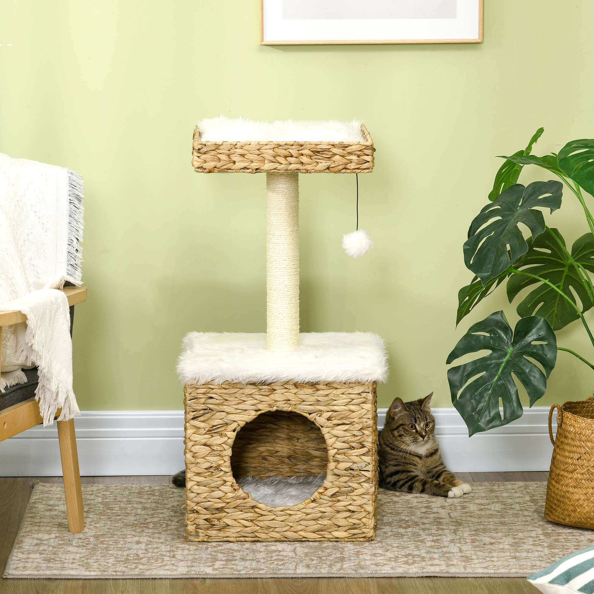 Pawhut - Arbre à chat style cosy chic griffoir sisal niche plateforme d'observation boule jacinthe d'eau peluche aspect fourrure - Image 9