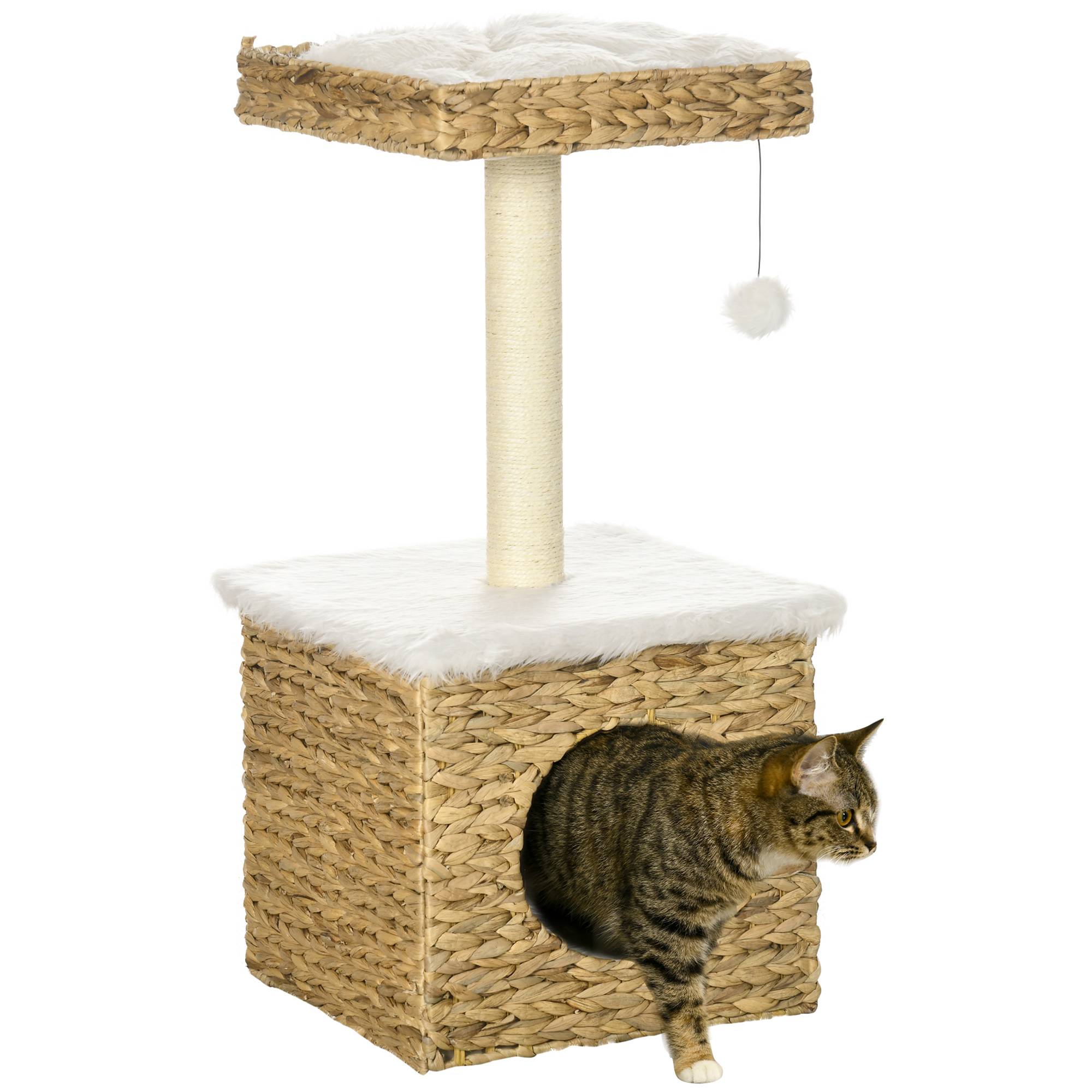 Pawhut - Arbre à chat style cosy chic griffoir sisal niche plateforme d'observation boule jacinthe d'eau peluche aspect fourrure - Image 1