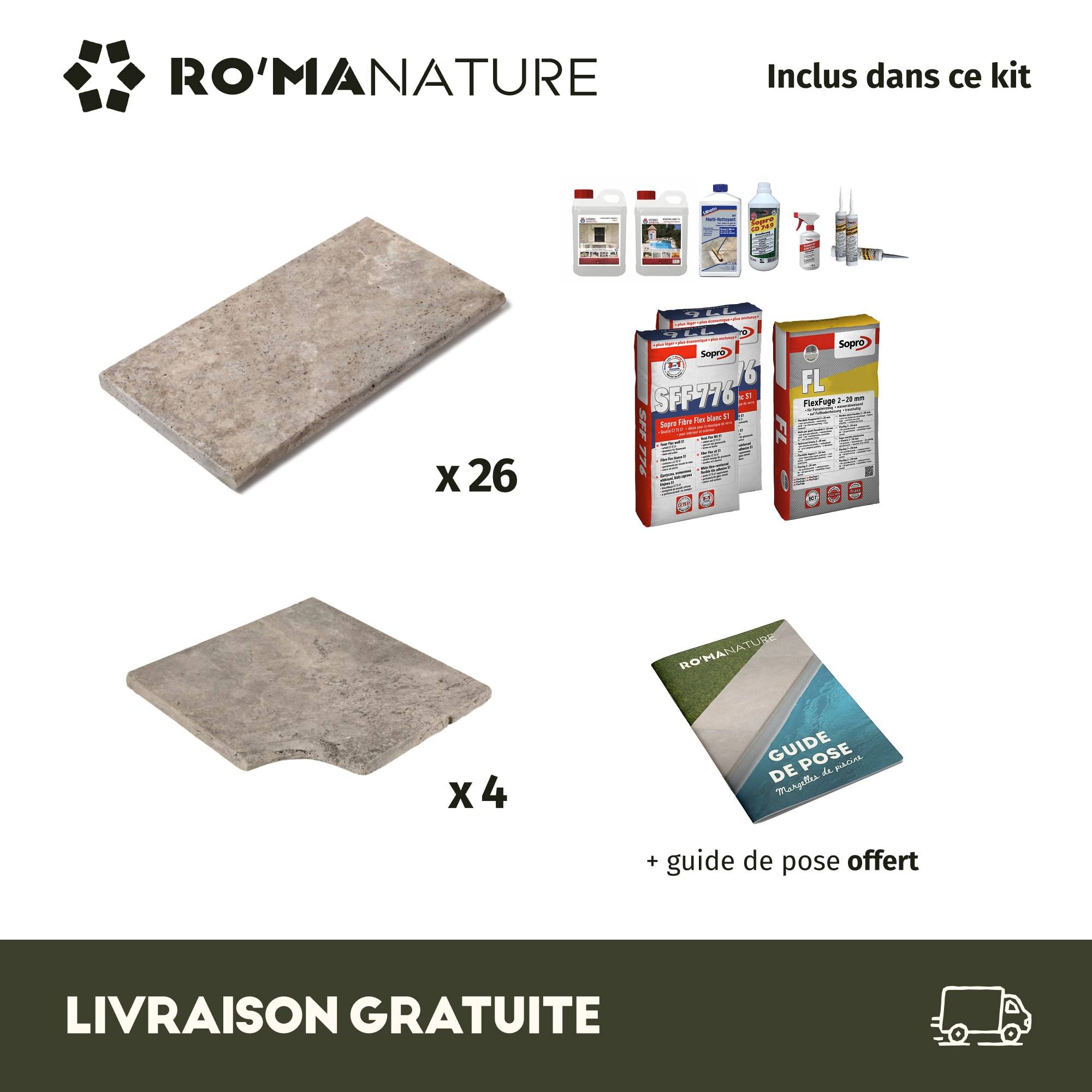 RO'MA Nature - KIT COMPLET - Margelles pour piscine 4x4m en Travertin Gris (avec colle, joint, hydrofuge ...)  - RO'MA NATURE - Image 3