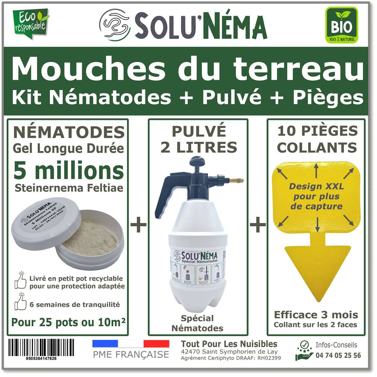 Solunéma - Kit complet anti-mouche du terreau - 5 millions nématodes (SF) + pulvérisateur 2 L+ 10 pièges jaunes collants XXL