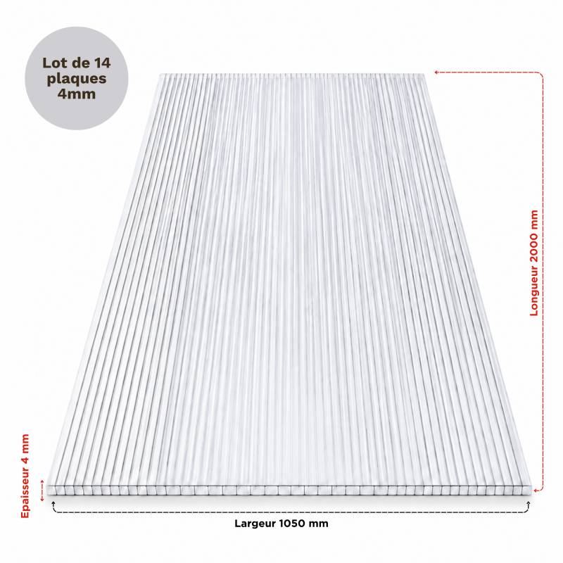 Lot 14 plaques polycarbonate 4 mm - 2000 x 1050 mm alvéolaire translucide - Coloris - Translucide, Largeur - 105 cm, Longueur - 200 cm - Image 2