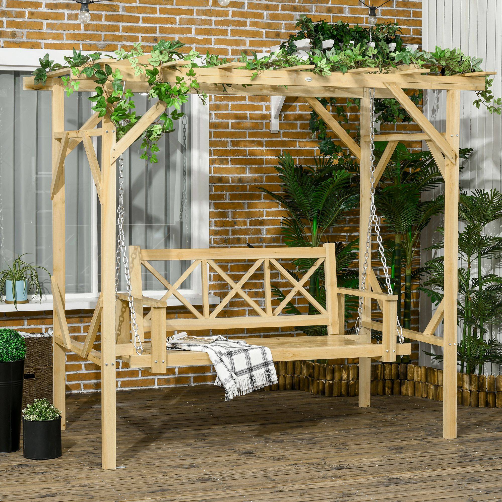 Balancelle pergola Bois sapin Jardin terrasse Hauteur réglable 221x140x196cm Naturel - ComfortXL Outdoor Living - Image 3
