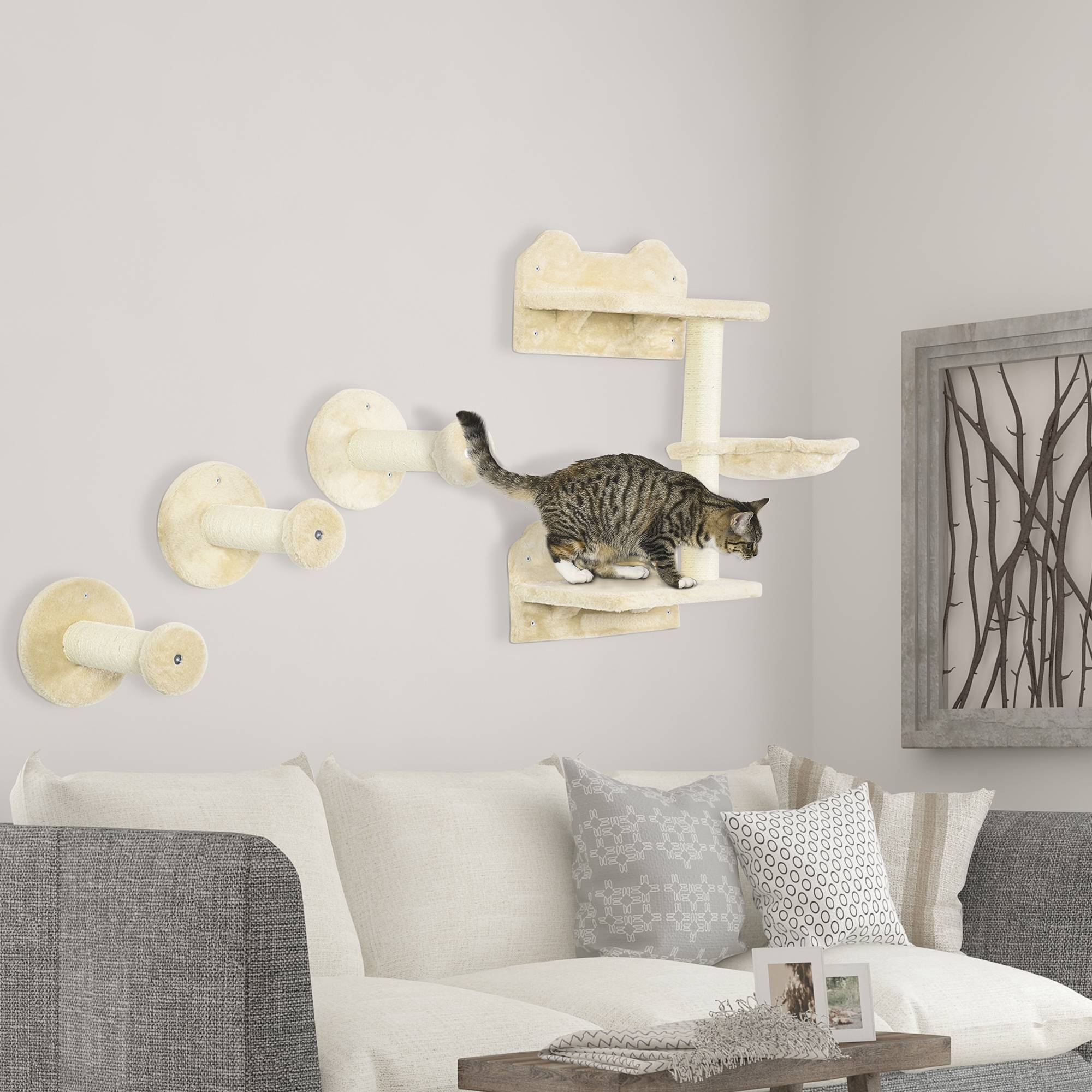 Marches d'escalade, mur, escalier chat, set 4 pièces, arbre à chat, hamac, beige+crème, 40 x 28 x 73 cm - Image 4