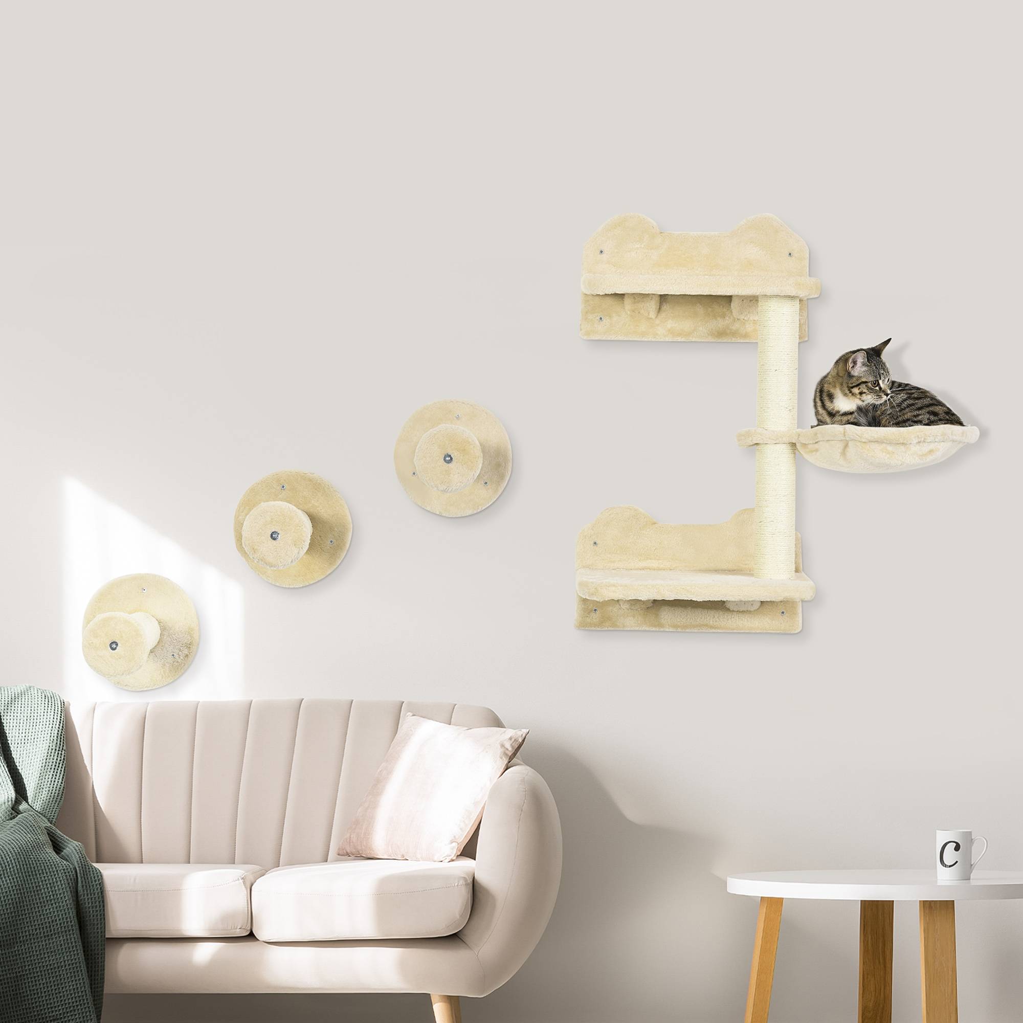 Marches d'escalade, mur, escalier chat, set 4 pièces, arbre à chat, hamac, beige+crème, 40 x 28 x 73 cm - Image 3